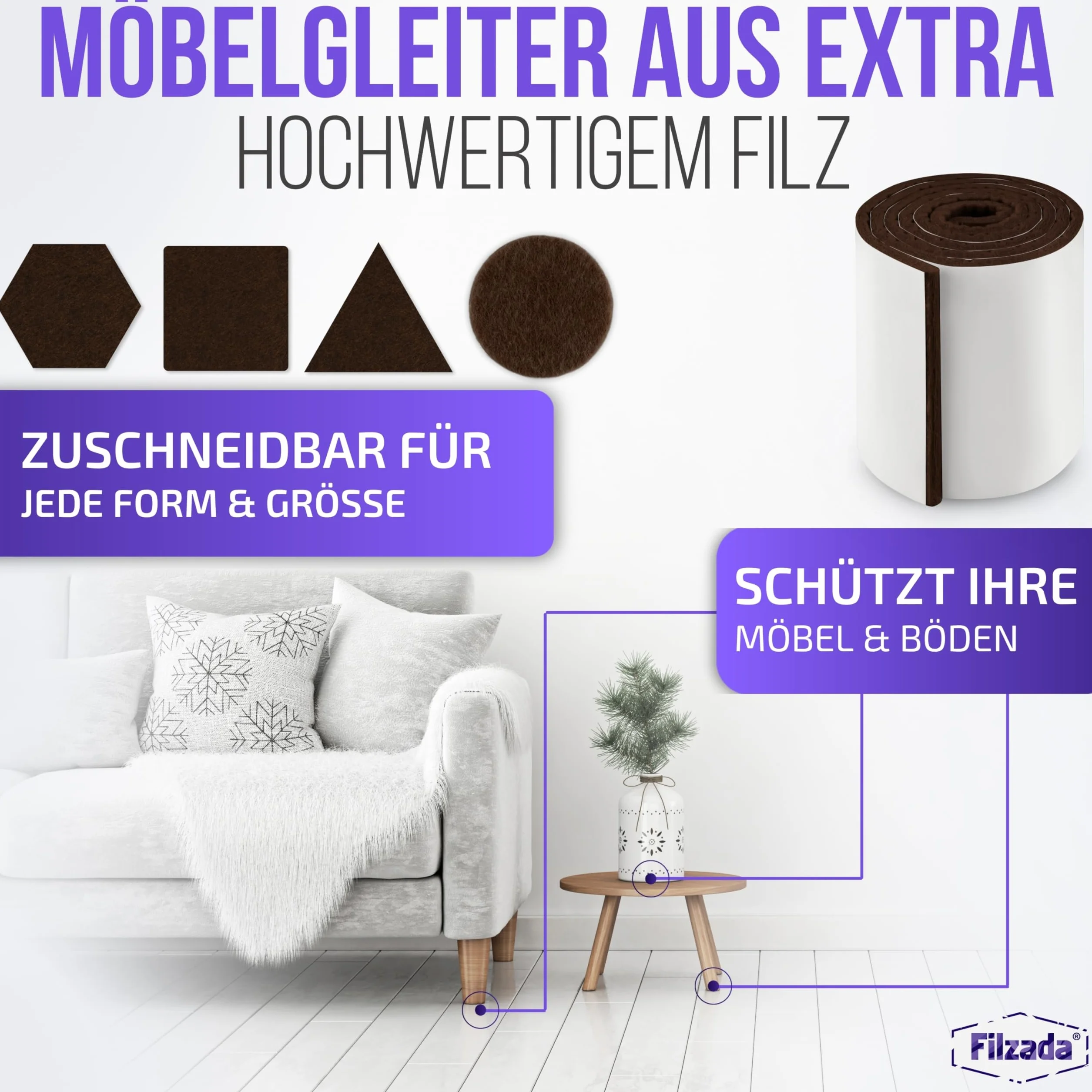 Filzada® 2x Filcowe podkładki samoprzylepne - Rolka (100 x 10 cm) - Brązowy - Profesjonalne podkładki meblowe Filc o idealnej sile klejenia