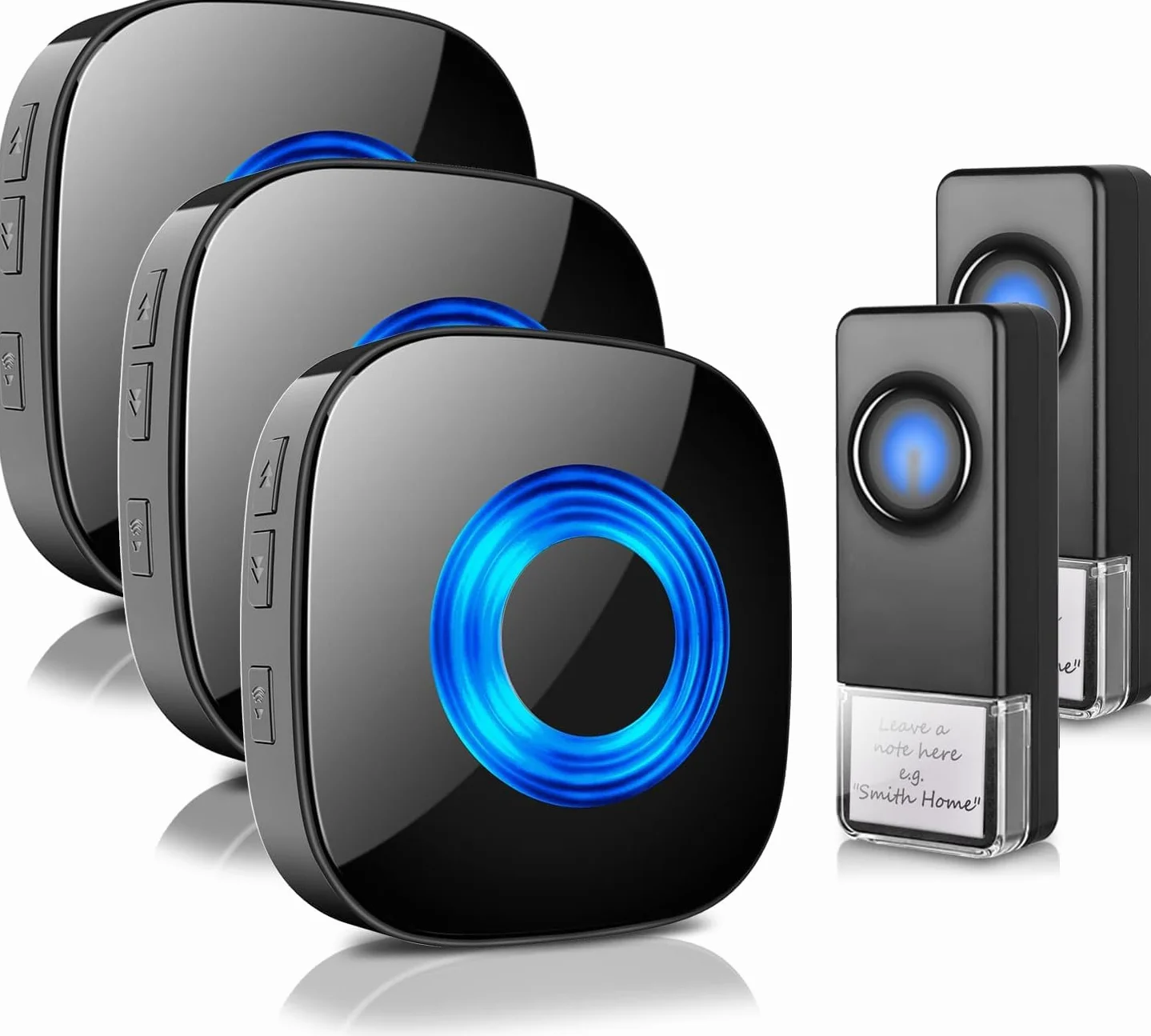 PHYSEN Bezprzewodowy Dzwonek, wodoszczelność IP55, zasięg 400 m, Zestaw dzwonka do drzwi z 3 odbiornikiem Plug-In i 2 nadajnikiem, 58 Melodii i 5 Poziomów Głośności, wskaźnik LED migający, czarny
