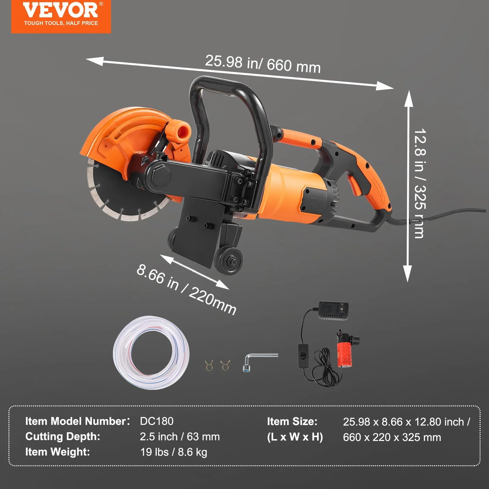VEVOR Elektryczna piła do betonu 180 mm 2000 W, głębokość cięcia 63 mm, piła tarczowa na mokro/sucho