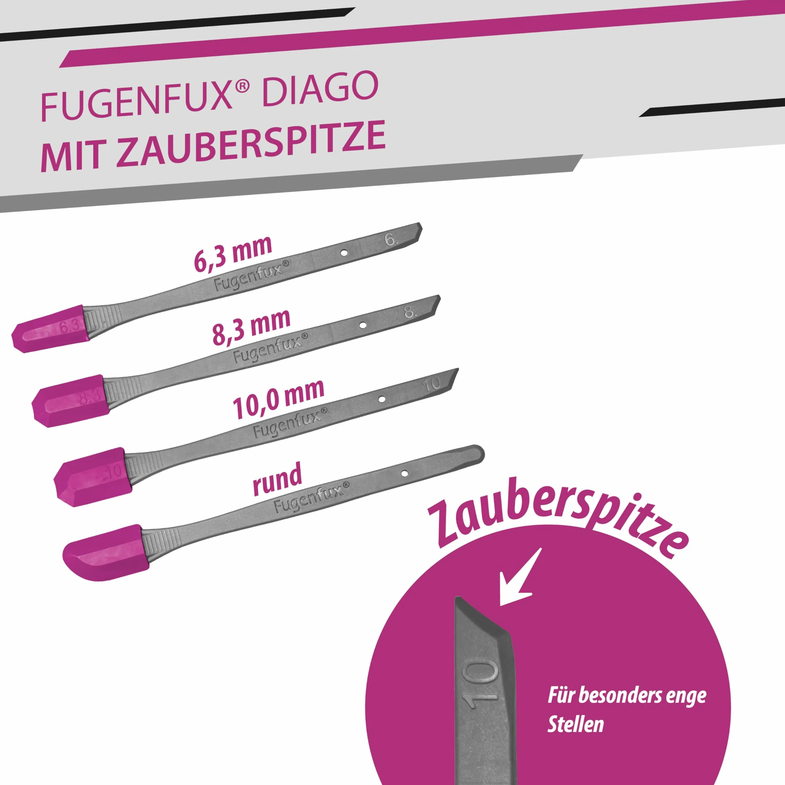 FUGENFUX® DIAGO 4-częściowy zestaw – wygładzanie fug | ściągacz do bardzo wąskich miejsc | 4 specjalne głowice do fug ukośnych i równoległych | Made in Germany | idealne do silikonu, akrylu i wielu