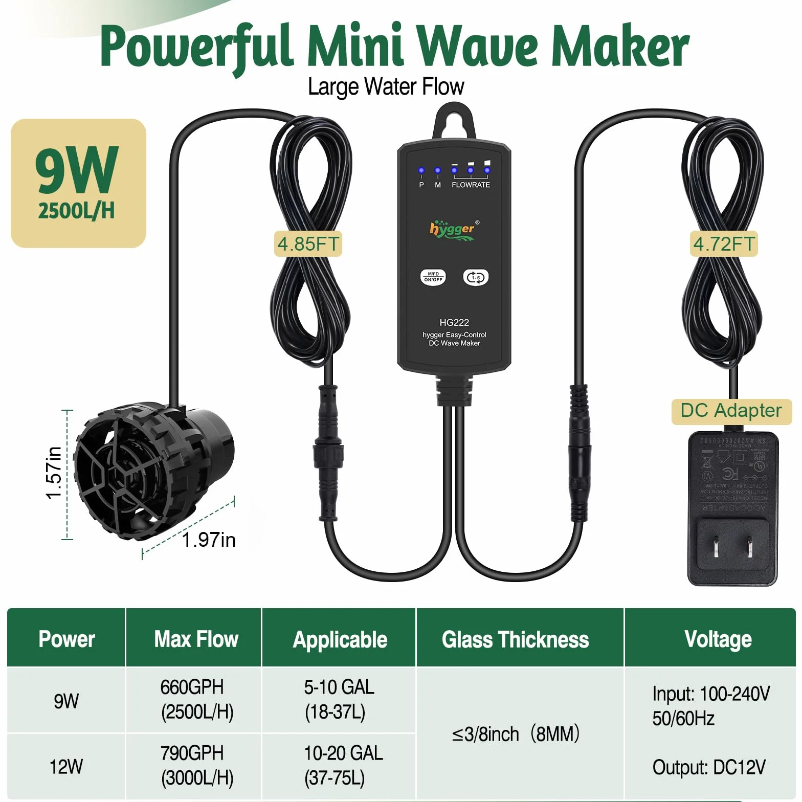Hygger – pompa do akwarium, Mini Wavemaker 9W 2500L/h, 660GPH, magnetyczna pompa falowa, pompa cyrkulacyjna do wody morskiej, 3 tryby, 6 regulowanych prędkości, pompa obiegowa do akwarii 18-37L