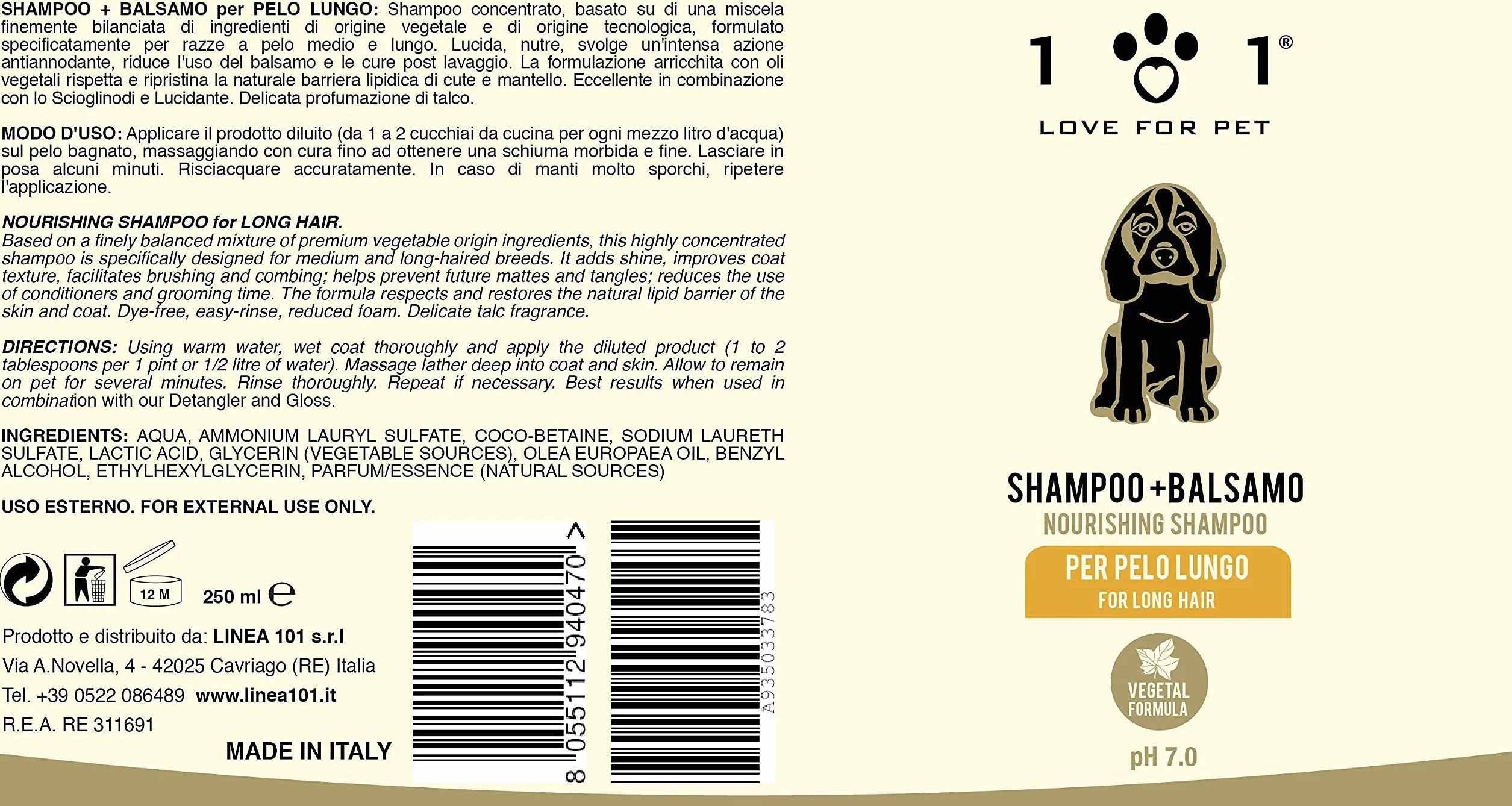 Szampon + odżywka naturalna i roślinna - delikatna i zapachowa - dla psów o długich włosach, linia 101 (250 ml)