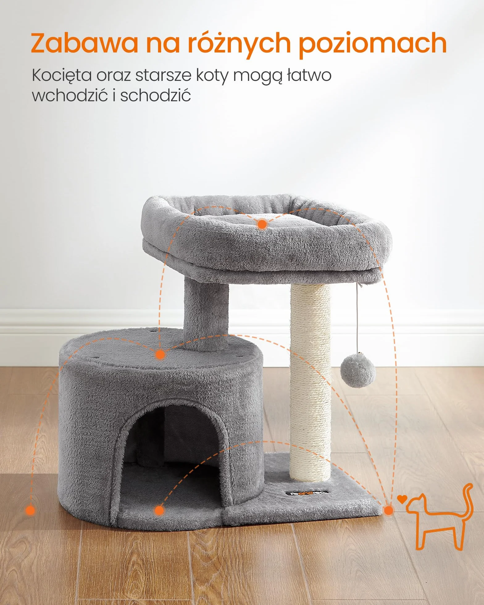 Feandrea mały drapak, drapak z tyczką sizalową, kota z wyściełaną platformą, jasnoszary PCT50W