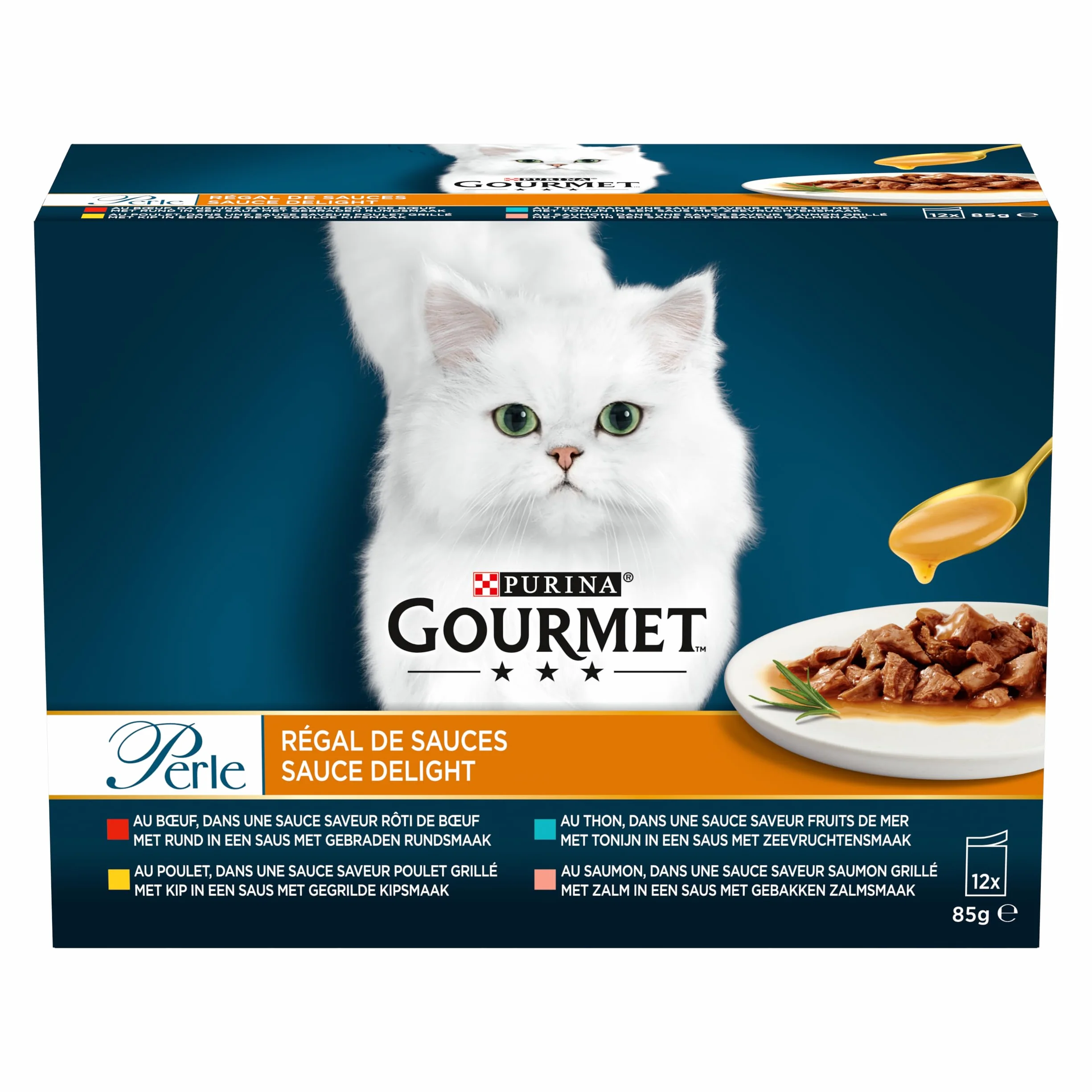 GOURMET PERŁA | REGAL SOS | Kot dla dorosłych | Wołowina, Kurczak, Tuńczyk, Łosoś | 12 x 85 g| Świeża saszetka