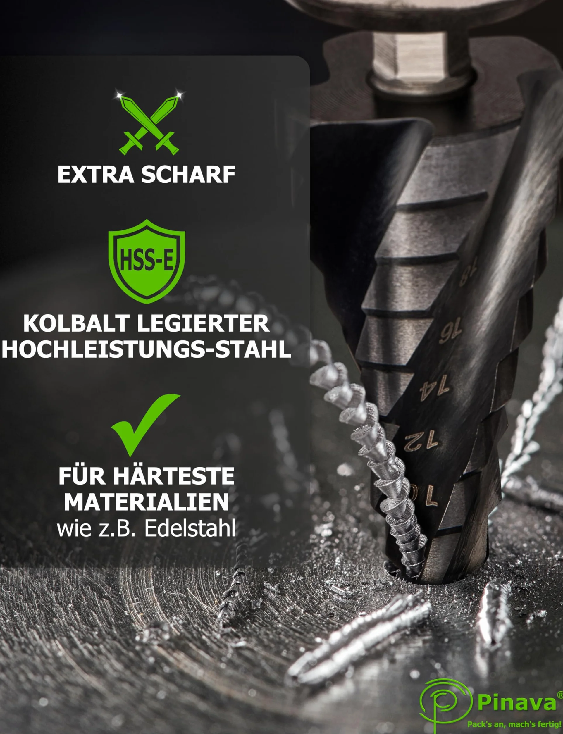 Pinava Wiertło stopniowe HSS Cobalt Pro 4XSPIRAL [szybsze, bardziej precyzyjne, trwalsze] Ø 4 – 22 mm – profesjonalne wiertło stożkowe do stali nierdzewnej, metalu, drewna, tworzywa sztucznego