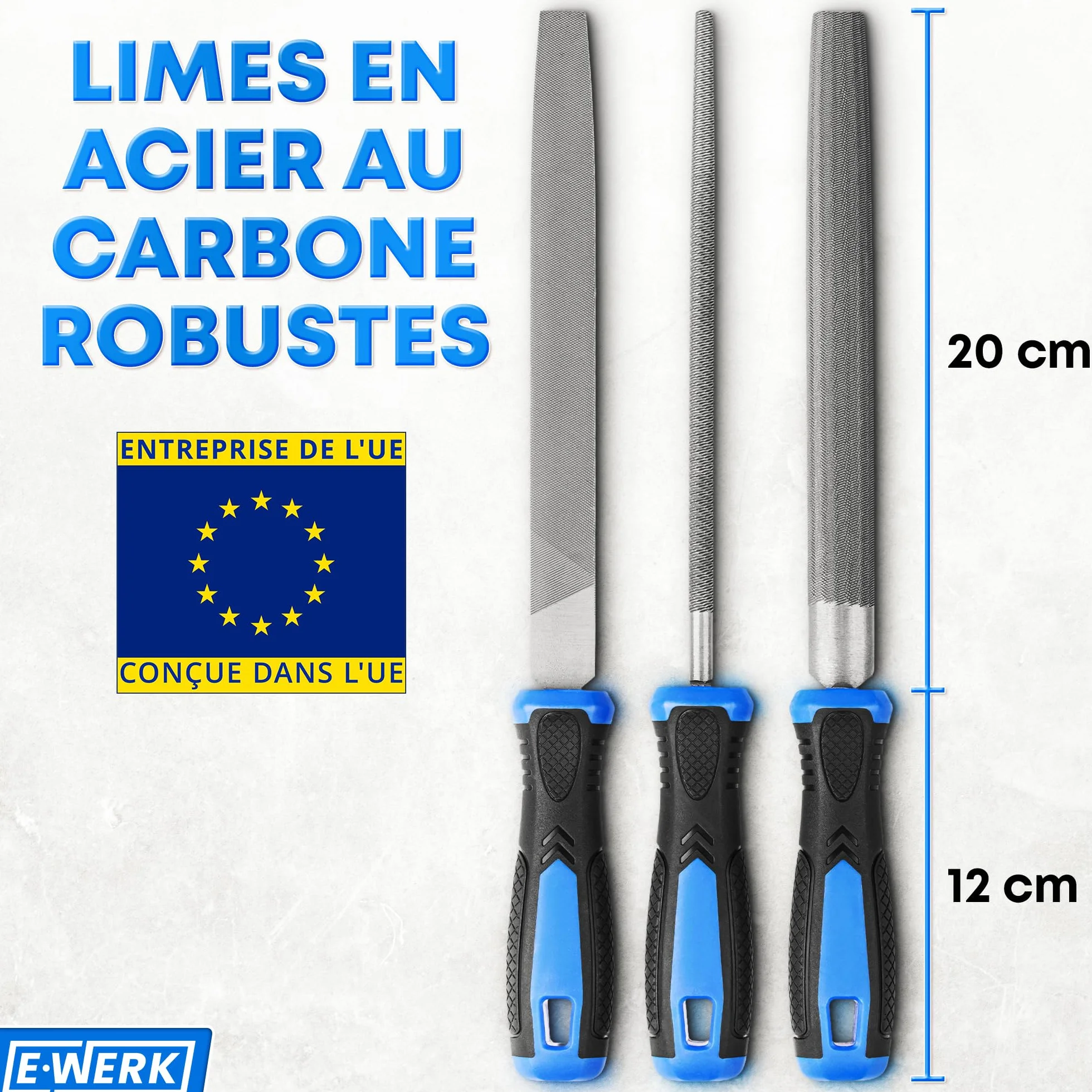 Metal Files - 3 pcs, 20cm Carbon Steel Filers for Wood, Metal, Plastic - Flat/Round/Half Round Rasps - Tools for Sharpening, Deburring, Jewellery Work