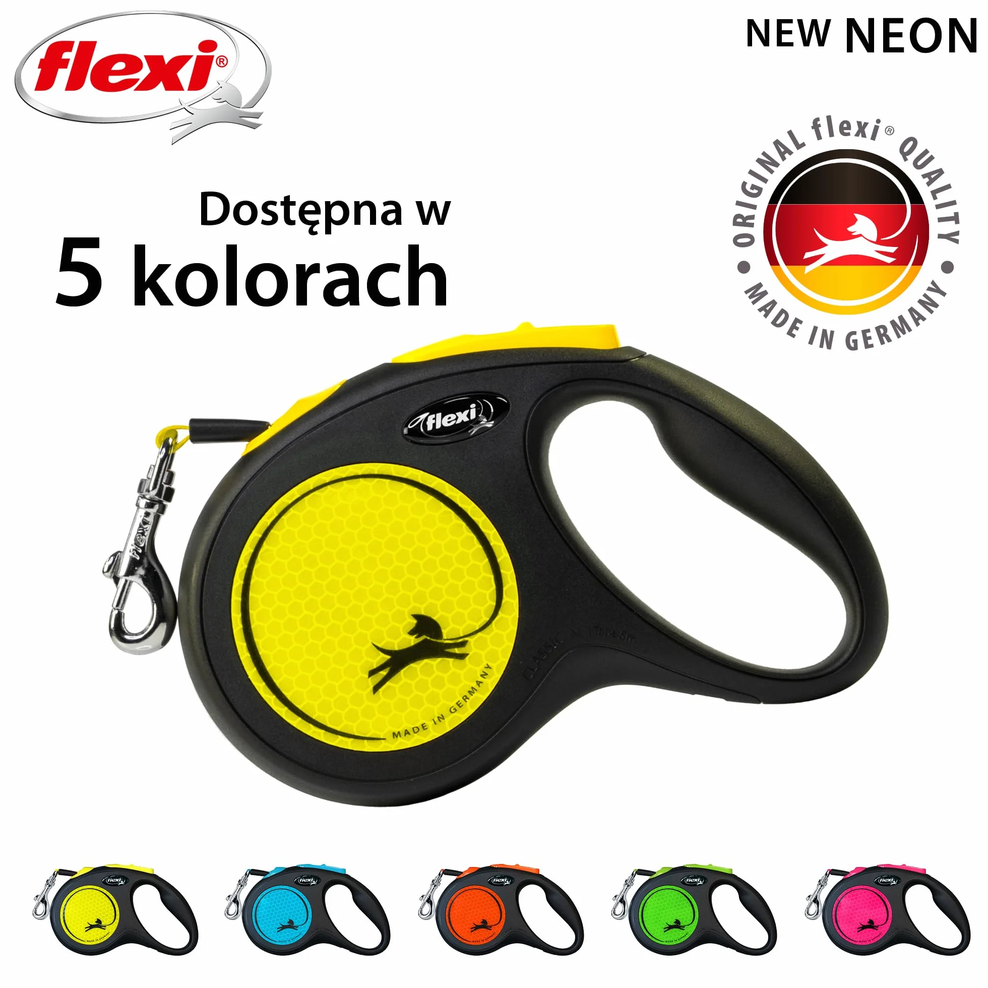 flexi New Neon M pas 5 m czarny dla psów do 25 kg