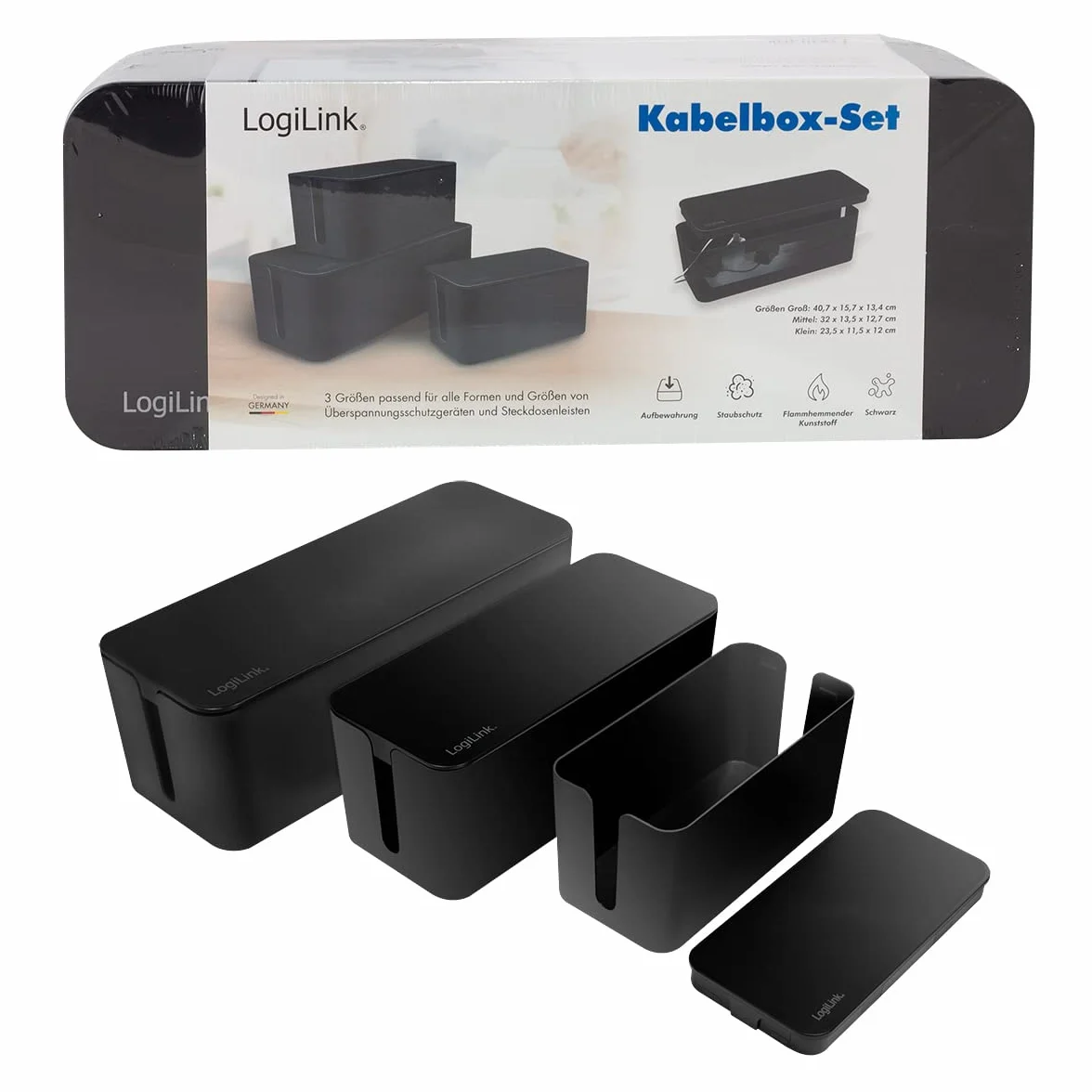 LogiLink KAB0077 - zestaw skrzynek kablowych z 3 pudełkami w 3 rozmiarach do ukrycia plątaniny kabli, kolor czarny