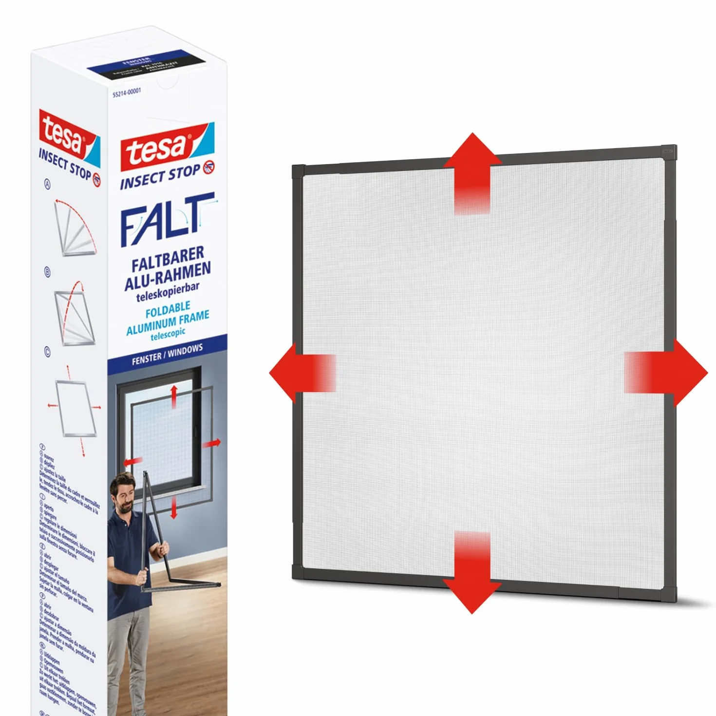 tesa INSECT STOP FALT Aluminum Frame for Windows - składana aluminiowa rama, siatka z regulacją teleskopową - 80 x 80 cm do 140 x 140 cm - antracyt