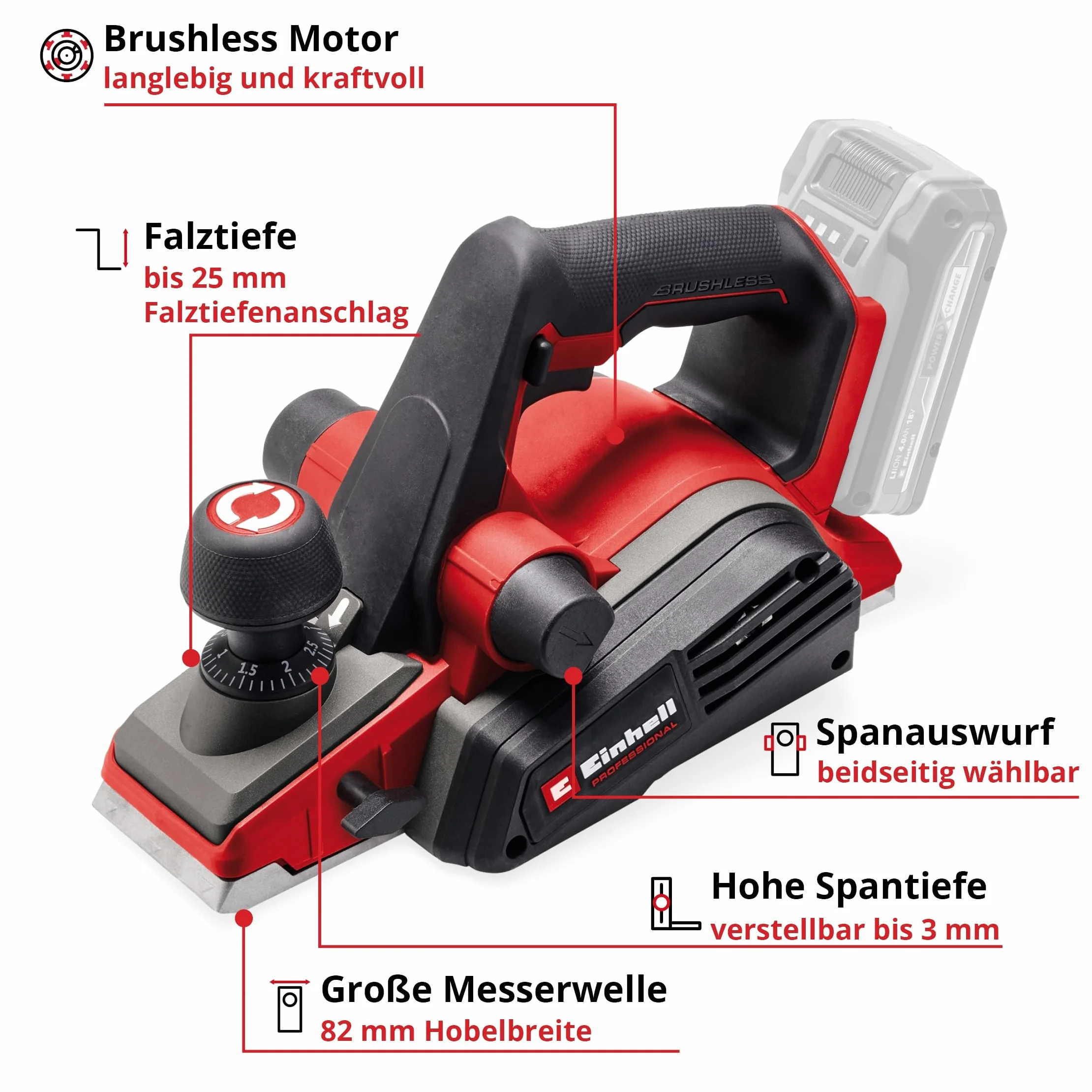 Einhell Profesjonalna przenośna strugarka akumulatorowa TP-PL 18/3 Li BL-Solo Power X-Change (18 V, bez węgla, szerokość 82 mm, maksymalna głębokość przejścia 3 mm, wał do żelaza, podkładka do