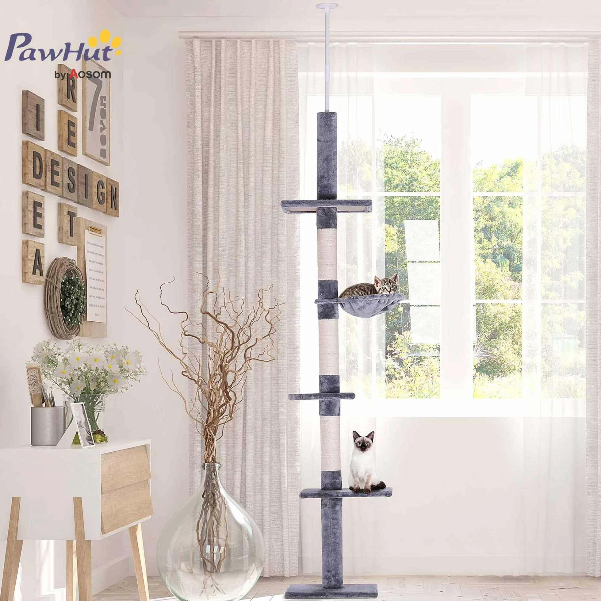 Pawhut Drapak Drapak dł.40 x szer. 34 x wys. 230-260 cm 5 poziomów aktywności Szary