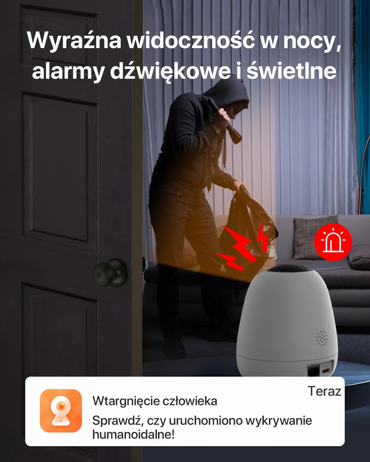 Tenda Kamera do monitoringu wewnętrznego CP7 V2.0, 360 stopni, Wi-Fi IP, 2-drożne audio, 5 MP, widoczność w nocy, alarm dźwiękowy i świetlny, śledzenie ruchu, kamera dla zwierząt domowych, kamera dla