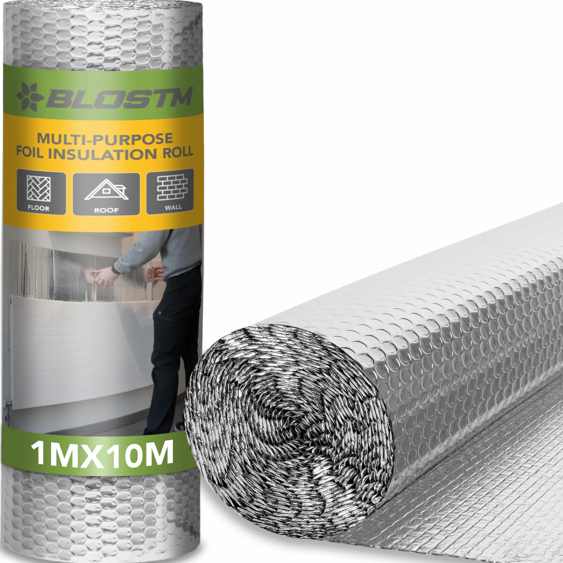 BLOSTM Foliowa rolka izolacyjna 1 m x 10 m – panele odblaskowe do izolacji ścian, sufitu, dachu, podłogi, 3 w 1