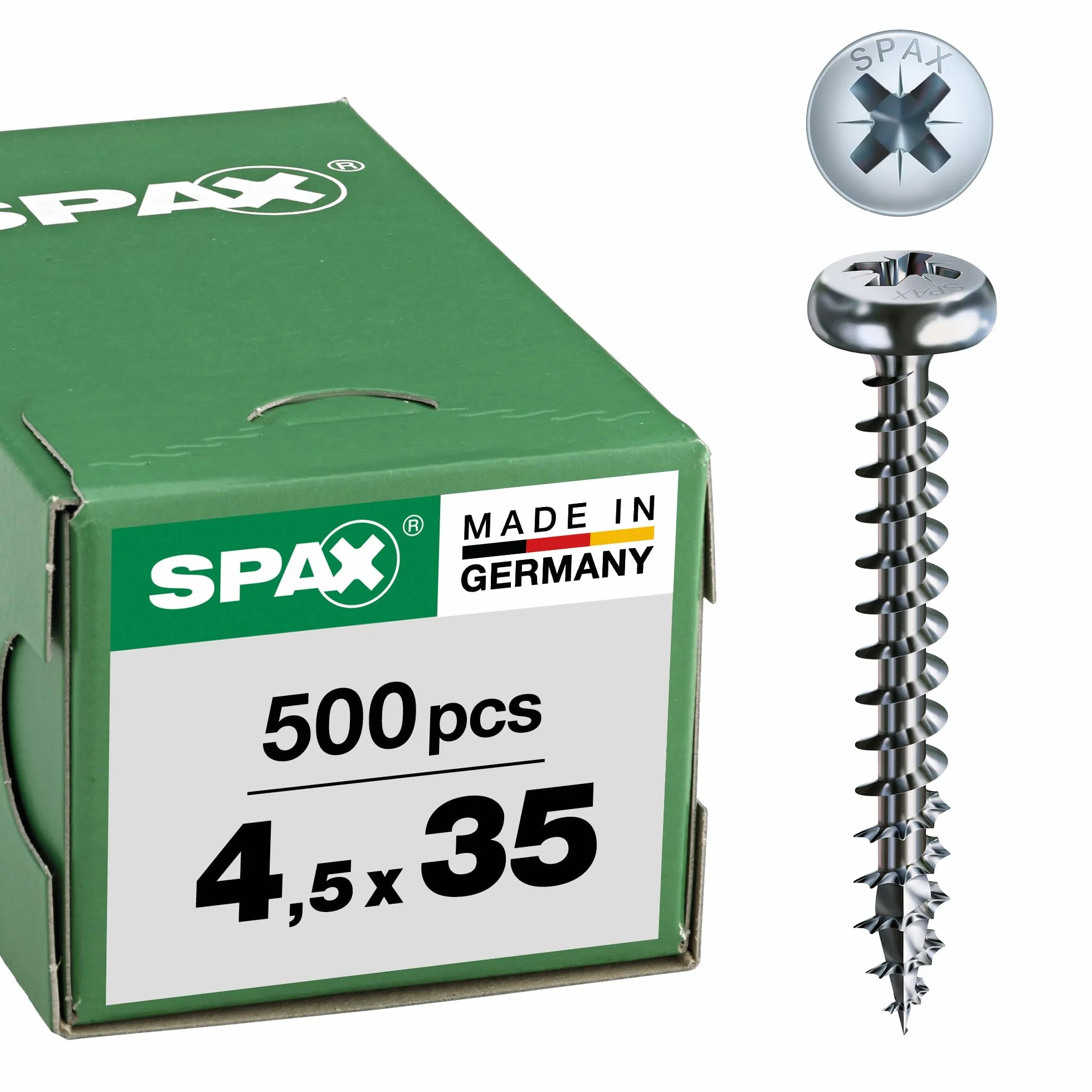 SPAX Śruba uniwersalna, 4,5 x 35 mm, 500 sztuk, z rowkiem krzyżowym Z2, łeb półokrągły, pełny gwint, 4CUT, WIROX A3J, 0231010450355