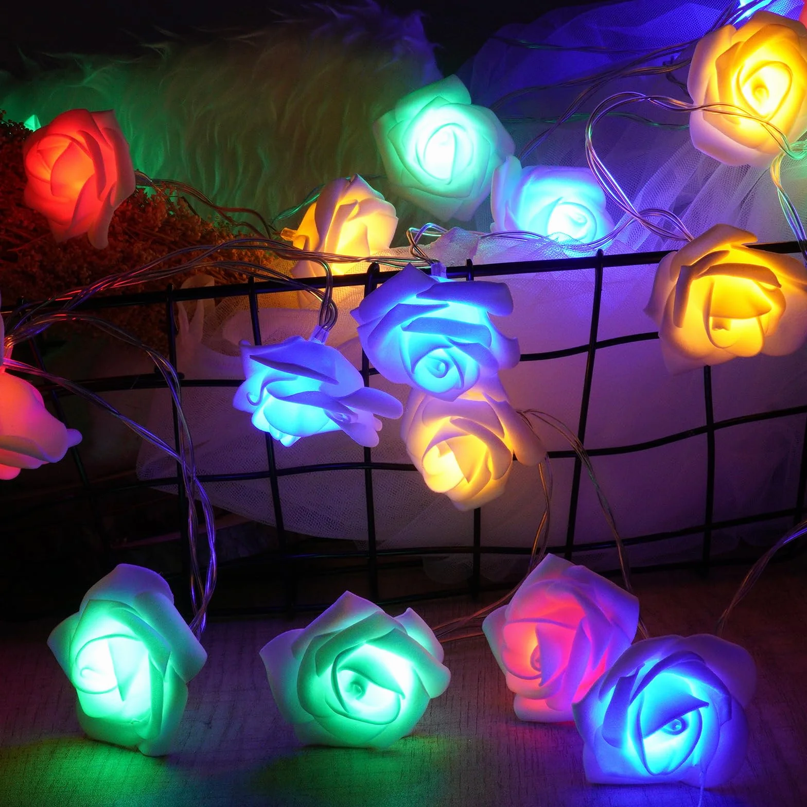 OSDUE Łańcuch świetlny z różami, 20 szt. LED, róża, łańcuch świetlny zasilany bateriami, lampki do sypialni na walentynki, ślub, na zewnątrz, dla dziewcząt, sypialni, na Dzień Matki, urodziny