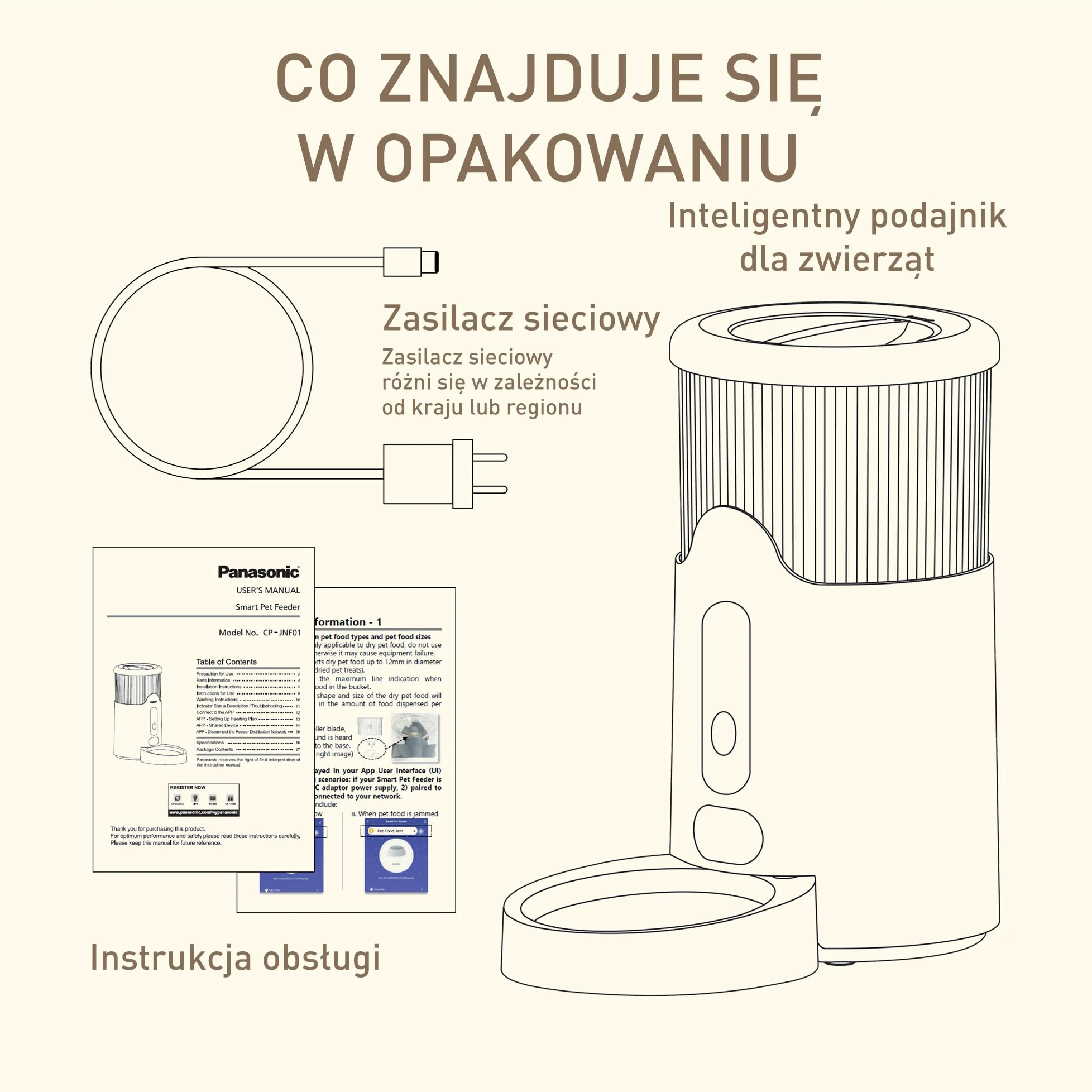 Panasonic CP-JNF01-W Inteligentny Podajnik Karmy dla Kotów i Średnich Psów, Pojemność 2,8 L, Zdalne Sterowanie Aplikacją, Monitorowanie Poziomu Jedzenia, Wi-Fi, Do Zmywarki, Podwójne Zasilanie, Biały
