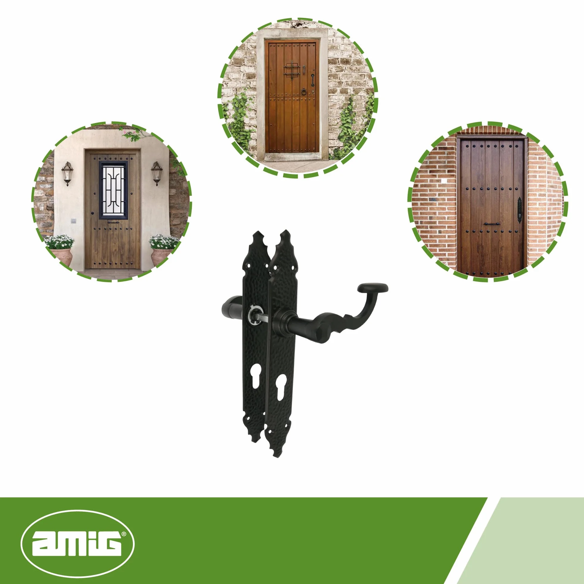 Amig - Zestaw uchwytów mod. 100 PB | 280 x 44 mm | Klamka Zamak ze stalową płytką | Czarne wykończenie | Zawiera końcówkę Europrofilową | Czworokąt 8 mm | Rustykalny ręcznie kuty styl