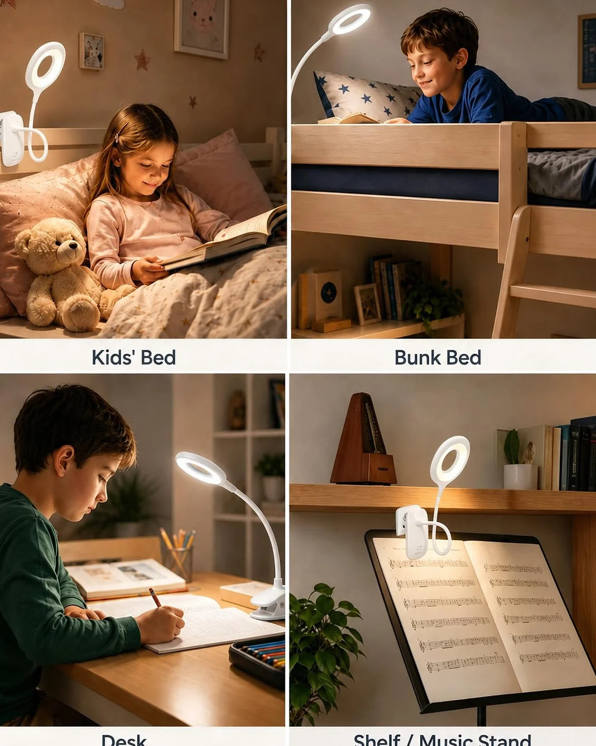Lampka Zaciskowa do Łóżka dla Dzieci, LED Lampka do Czytania z Klipsem USB, 3 Kolory Światła, Dotykowe Ściemnianie, Lampka Nocna z Elastycznym Ramieniem do Pokoju Dziecka, Łóżka Piętrowego,biała