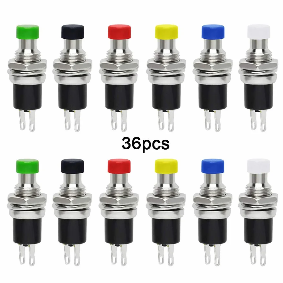 36 szt., Premium 7 mm, mini przełącznik przyciskowy, normalnie otwarty, 2-pinowy SPST mikroprzełącznik 1A 250V AC (6 kolorów)