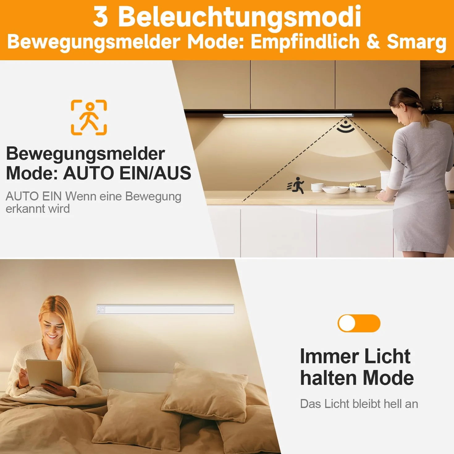 COOLNIGHT Akumulator LED [2 sztuki], 41 cm + ładowany przez USB + 90 LED szafka pod umywalkę oświetlenie kuchni