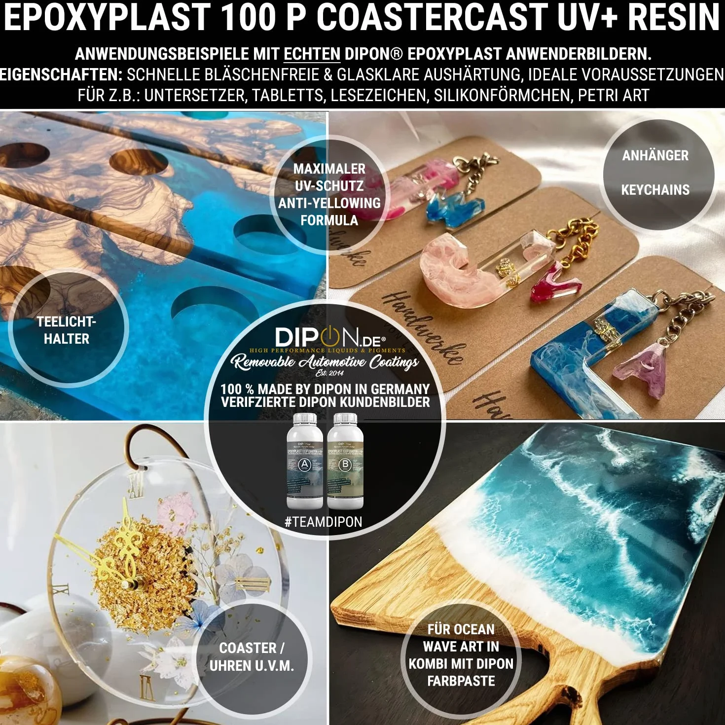 Żywica epoksydowa EpoxyPlast 100P CoasterCast UV+ 6,0 kg, bezbarwna i bez pęcherzyków powietrza, maksymalna ochrona przed promieniowaniem UV, nie zawiera BPA, nietoksyczna, nadaje się do zakładek,