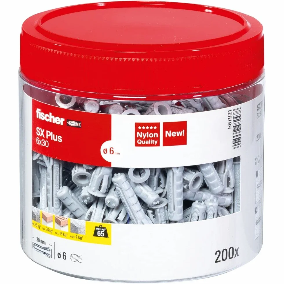 fischer Kołek rozporowy SX Plus 6 x 30, poręczna okrągła puszka z 200 kołkami nylonowymi, kołki do optymalnego mocowania w betonie, cegle perforowanej, betonie komórkowym, cegle pełnej i wielu innych
