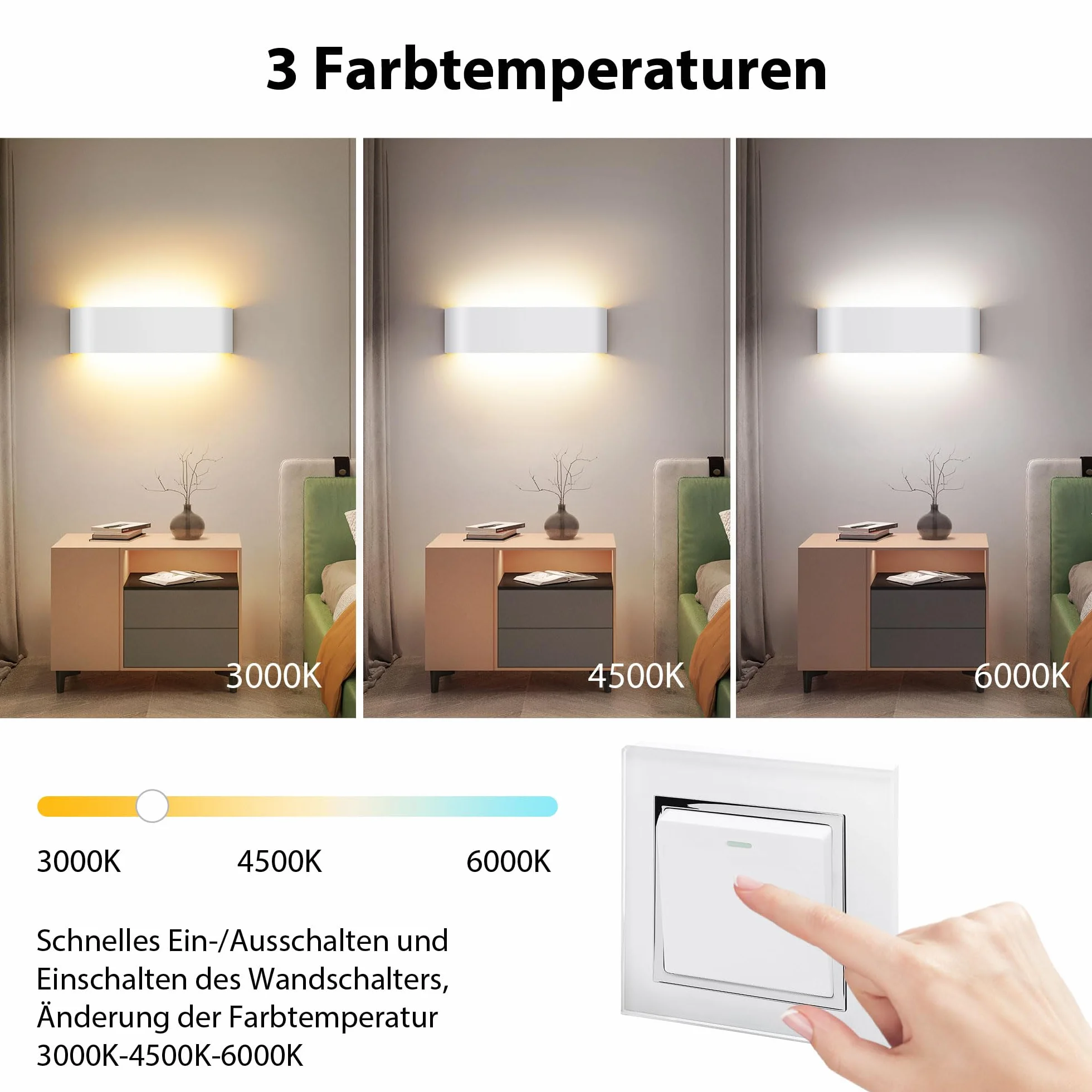 OOWOLF Lampy ścienne LED do wnętrz – 2 sztuki z regulowaną temperaturą barwową 3000K/4500K/6000K, oświetlenie ścienne do sypialni, salonu, kuchni, jadalni