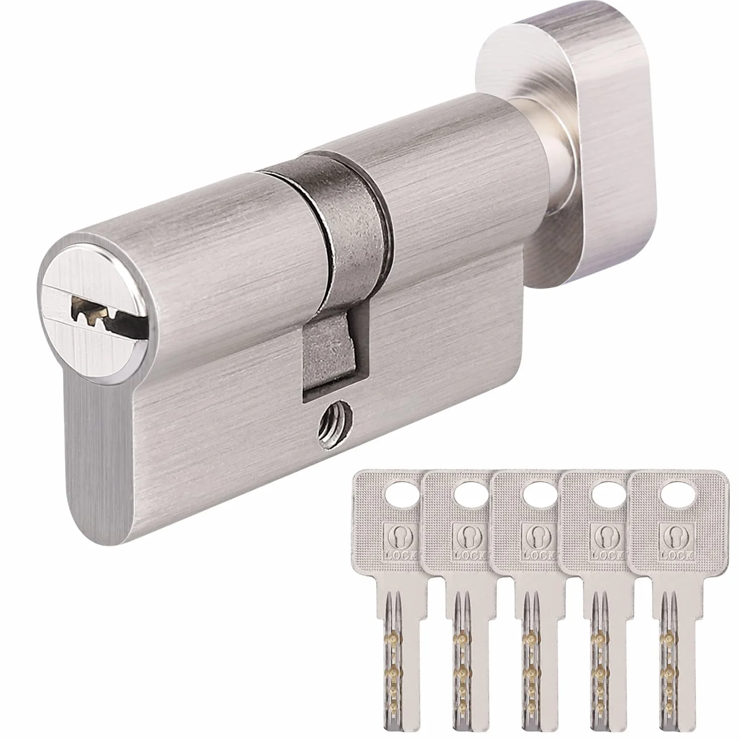 Cylinder zamykający z gałką, 30/30 z 5 kluczami mosiężnymi, cylinder zamykający z mosiądzu, profilowany cylinder z gałką, klucz dwustronny, zamek bębenkowy, akcesoria zapasowe, zamek