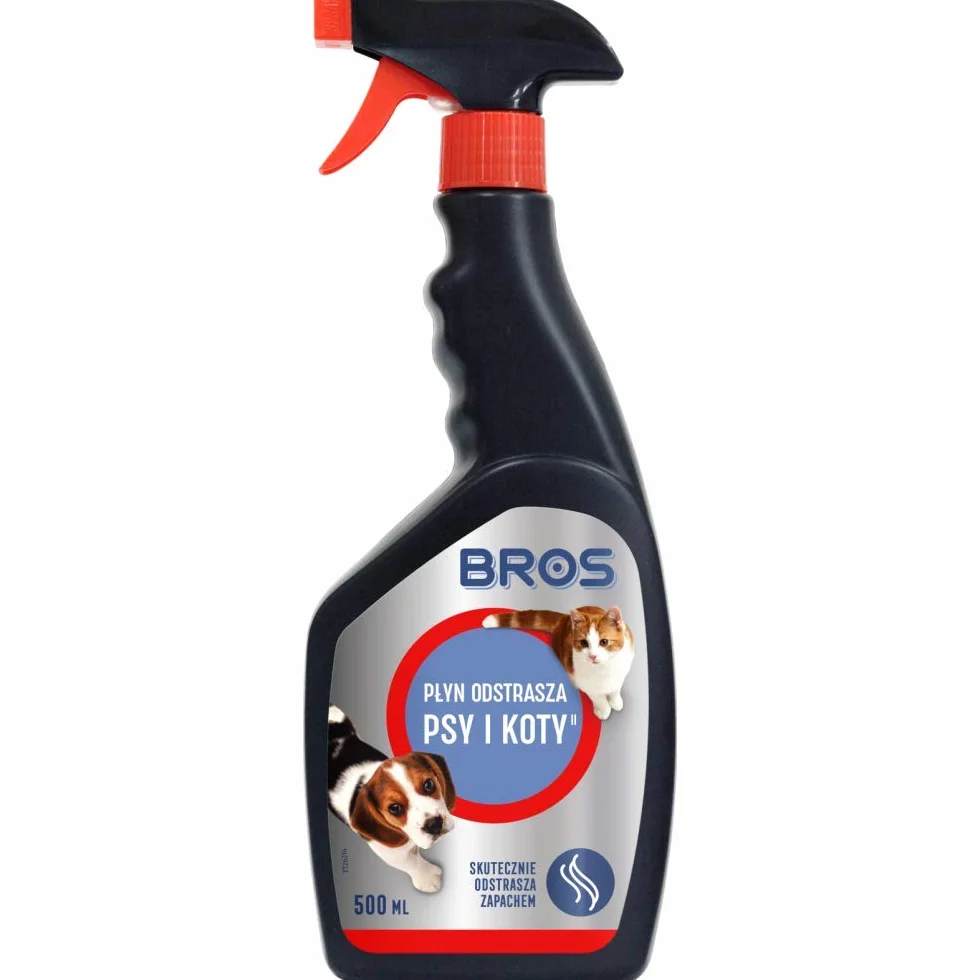 BROS Płyn odstrasza psy i koty 500ml Preparat w naturalny sposób zniechęca psy i koty do znaczenia terytorium w miejscach, w których go zastosowano