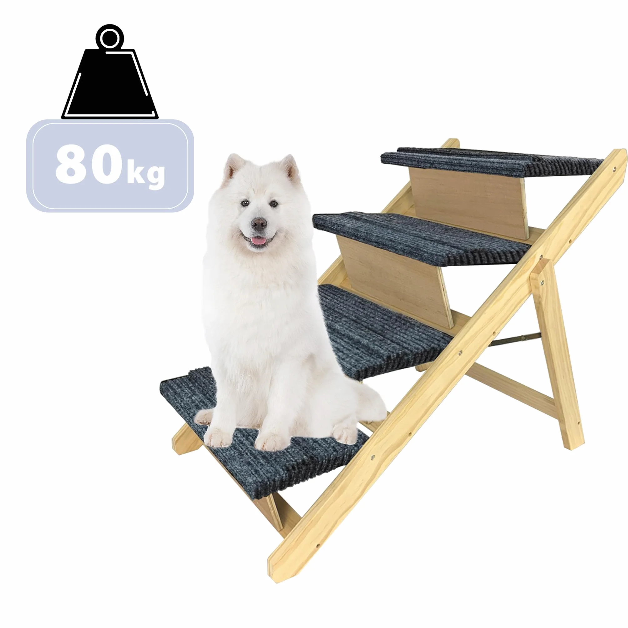 YUENFONG 2 w 1, rampa dla psów, schody dla zwierząt domowych, do samochodu, składana, z 4 stopniami, antypoślizgowe, odwracalne, z drewna sosnowego, do 80 kg, drabinka dla kotów, na balkon, sofę, typ