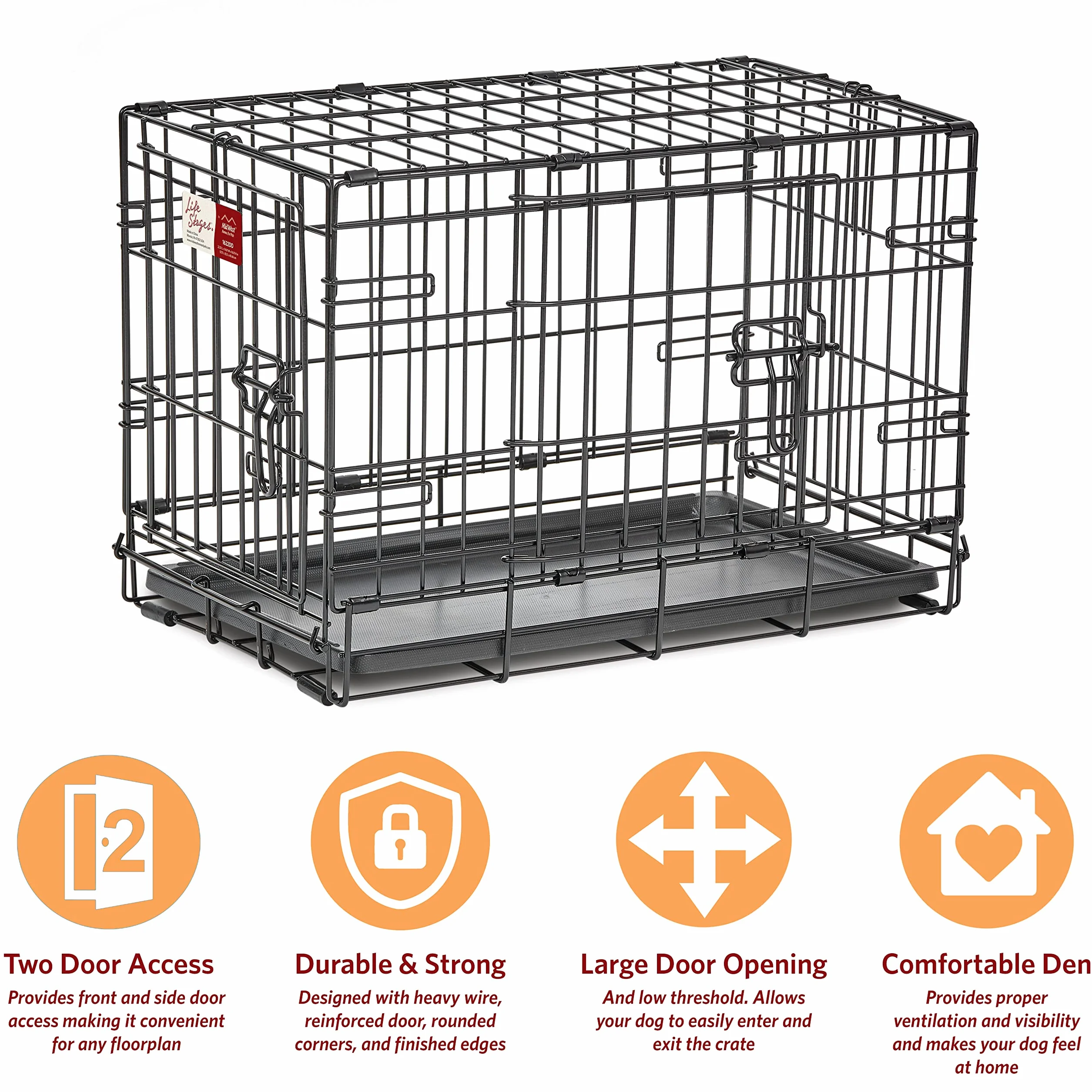 MidWest Homes for Pets XS LifeStages Double Door 22-Inch Folding Dog Crate, Enhanced Security, Includes Leak-Proof Pan, Divider Panel, Handle, Rubber Feet