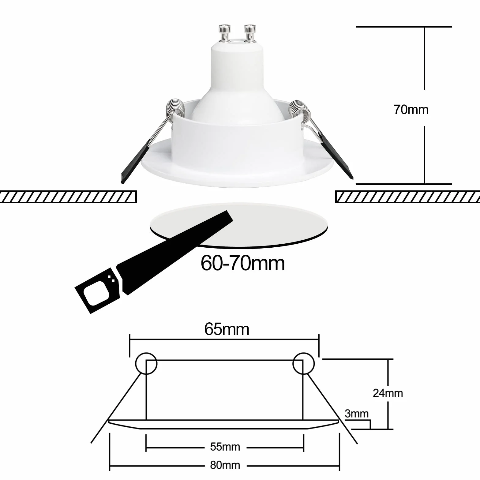 10x Reflektor wpuszczany GU10 biały aluminium, reflektory rama montażowa z gniazdem GU10, okrągły uchwyt wpuszczany bardzo płaski sufit do lamp LED lub halogenowych, otwór montażowy ø65mm