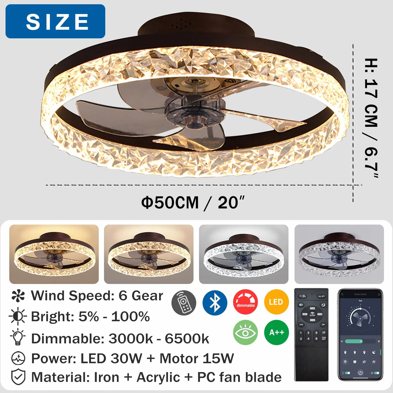 Cichy Wentylatory sufitowe z oświetleniem Pilot, Nowoczesne światła Lampa sufitowa z wentylatorem LED Lampa sufitowa z wentylatorem do Sypialni Salon, 6 prędkości (Czarny, 50CM)
