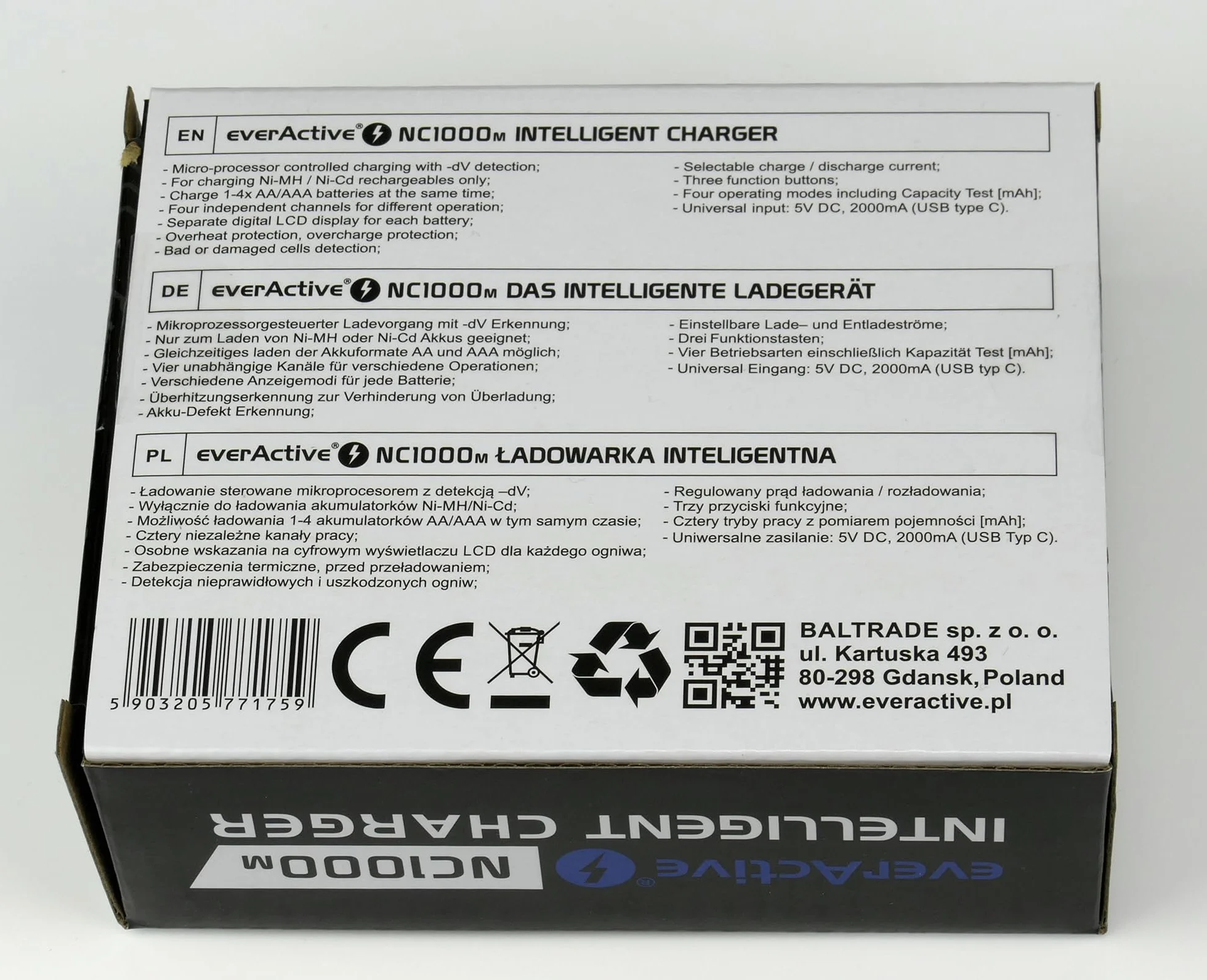 Inteligentna ładowarka do akumulatorów AAA/AA Ni-MH/Ni-Cd, LCD, USB-C, 4 sloty, tryby ładowania/rozładowania/testowania