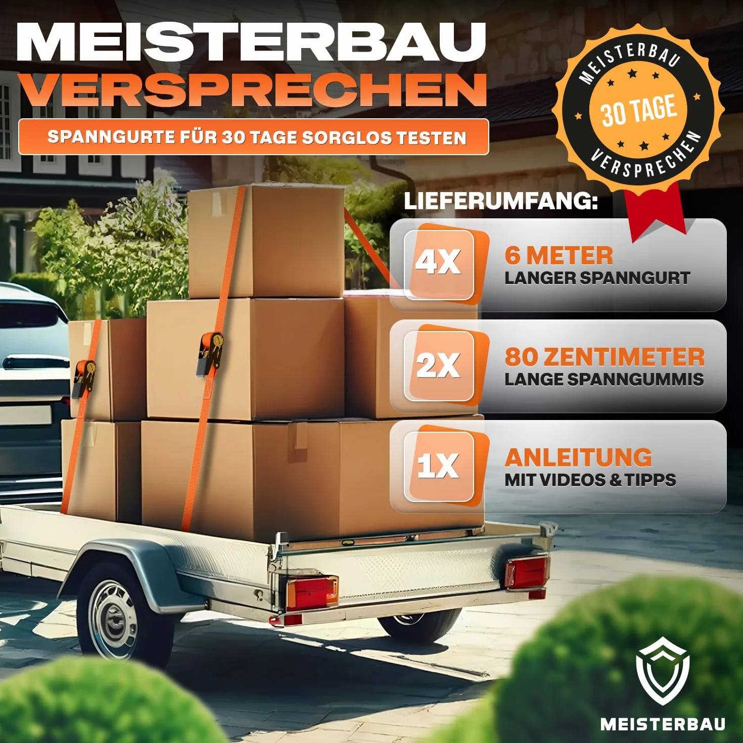 Meisterbau 4 pasy mocujące z grzechotką + 2 gumy napinające, udźwig 1000 kg, wytrzymałe, 4 m/6 m, pasy mocujące z certyfikatem TÜV G/S, stabilne i odporne na warunki atmosferyczne, z grzechotką
