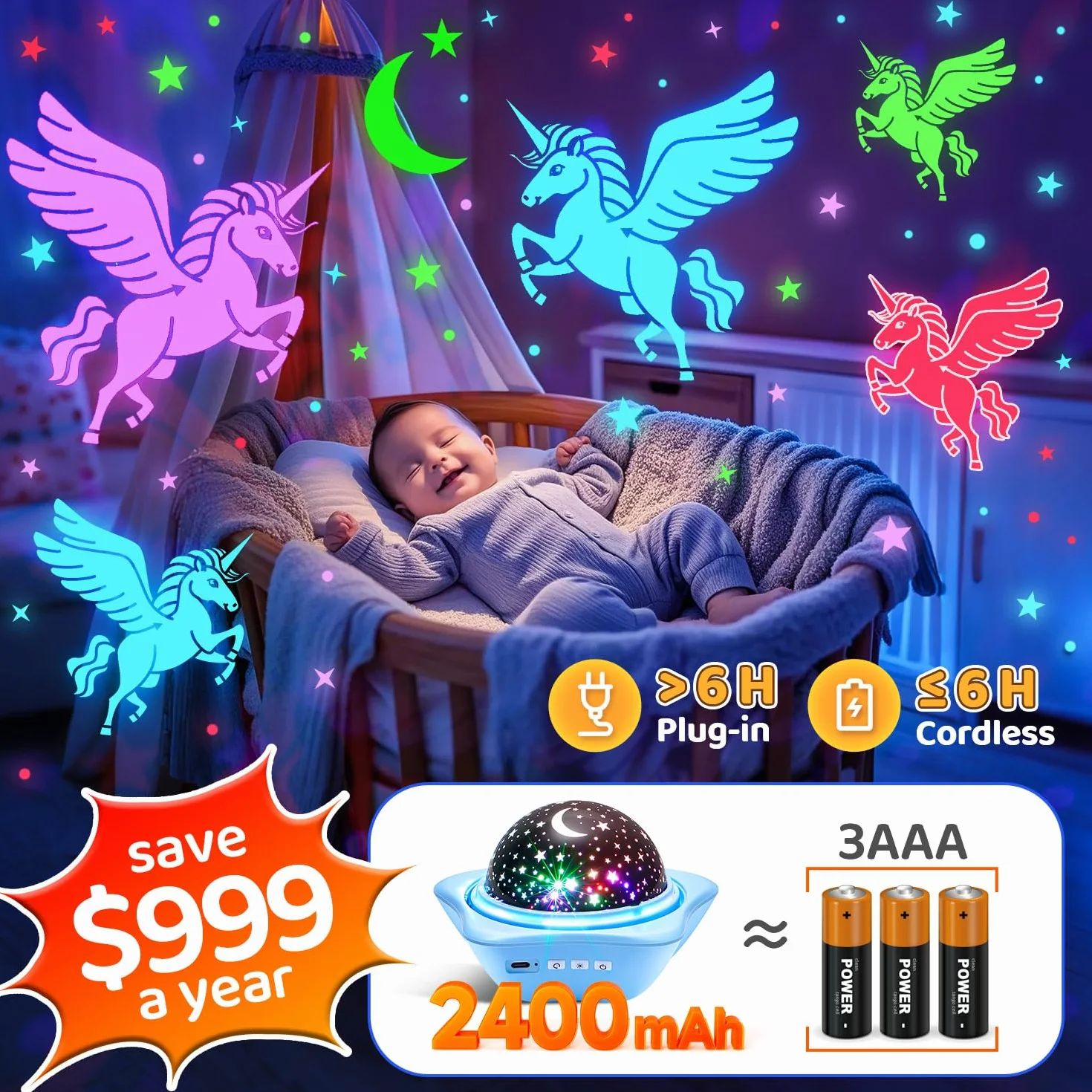 One Fire Projektor gwiaździstego nieba,360° obrót 48 kolorów lampka nocna LED dla dzieci, 3 filmów Galaxy Projektor LED, projektor gwiazda,Gwiazdki to ulubione prezenty dla chłopców i dziewczynek