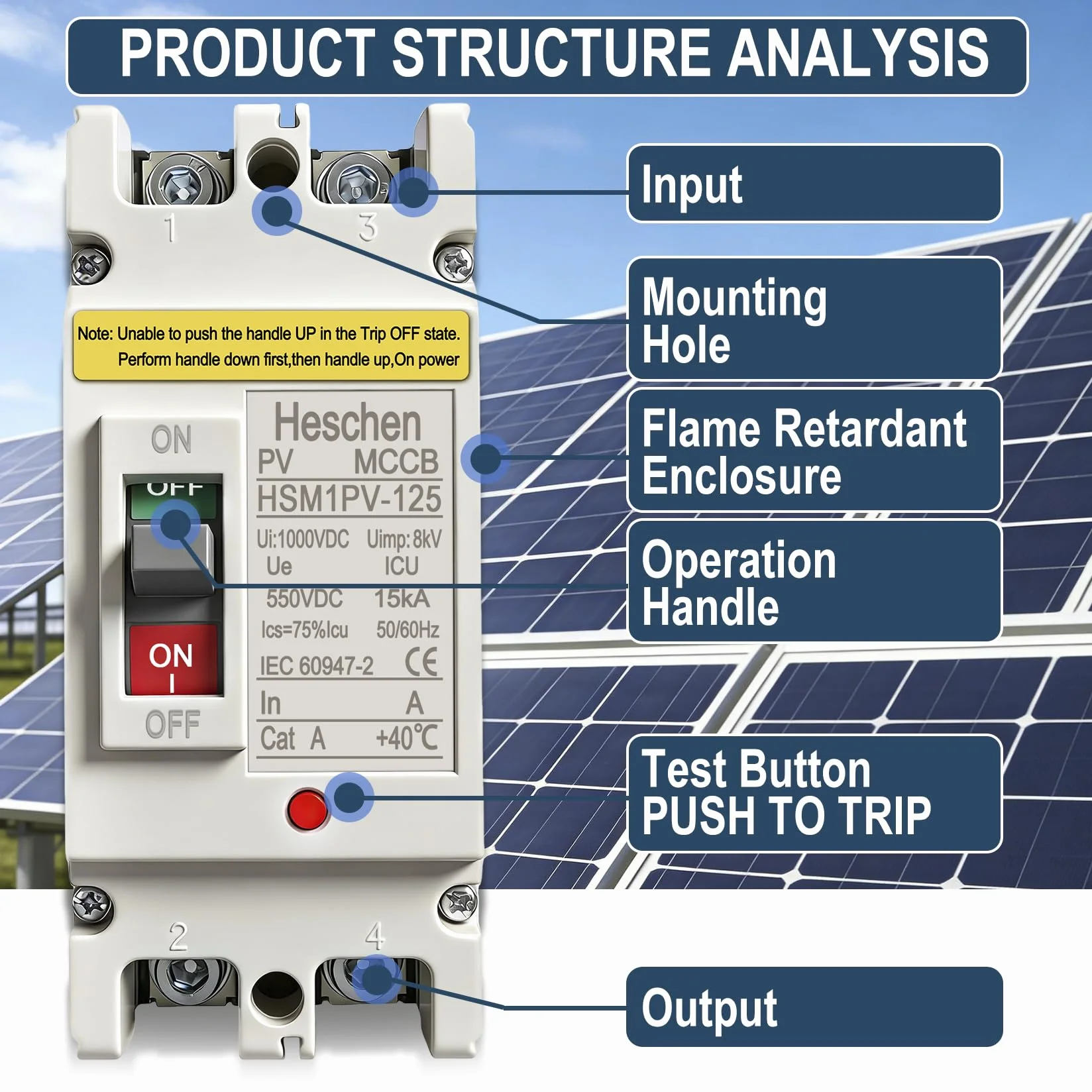 Heschen Wyłącznik DC MCCB, HSM1PV-125, 2-biegunowy, DC550V 63A, wyłącznik fotowoltaiczny, do instalacji solarnych PV modułów solarnych system sieciowy