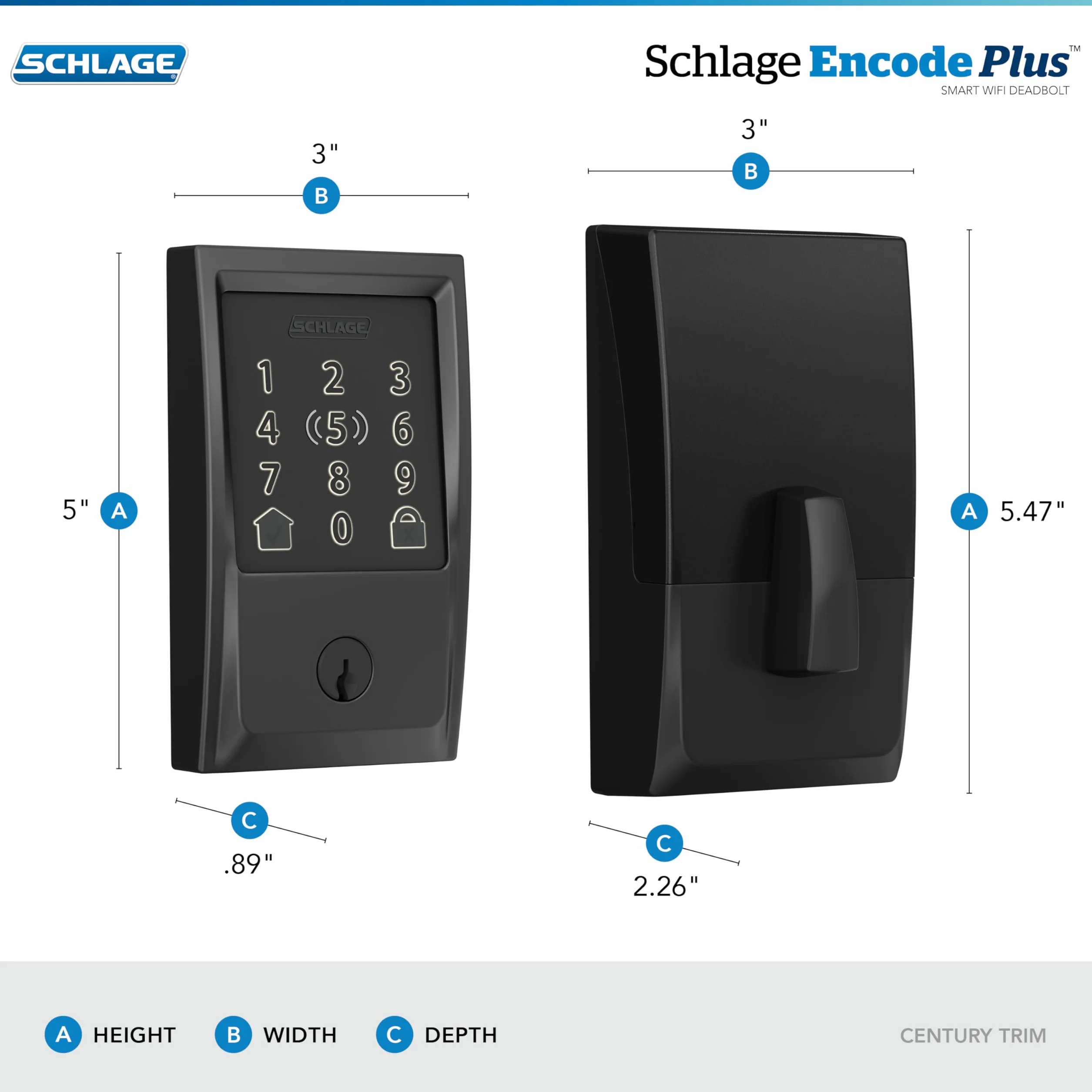 SCHLAGE BE499WB CEN 622 Encode Plus Smart WiFi zamek zasuwowy, czarny matowy