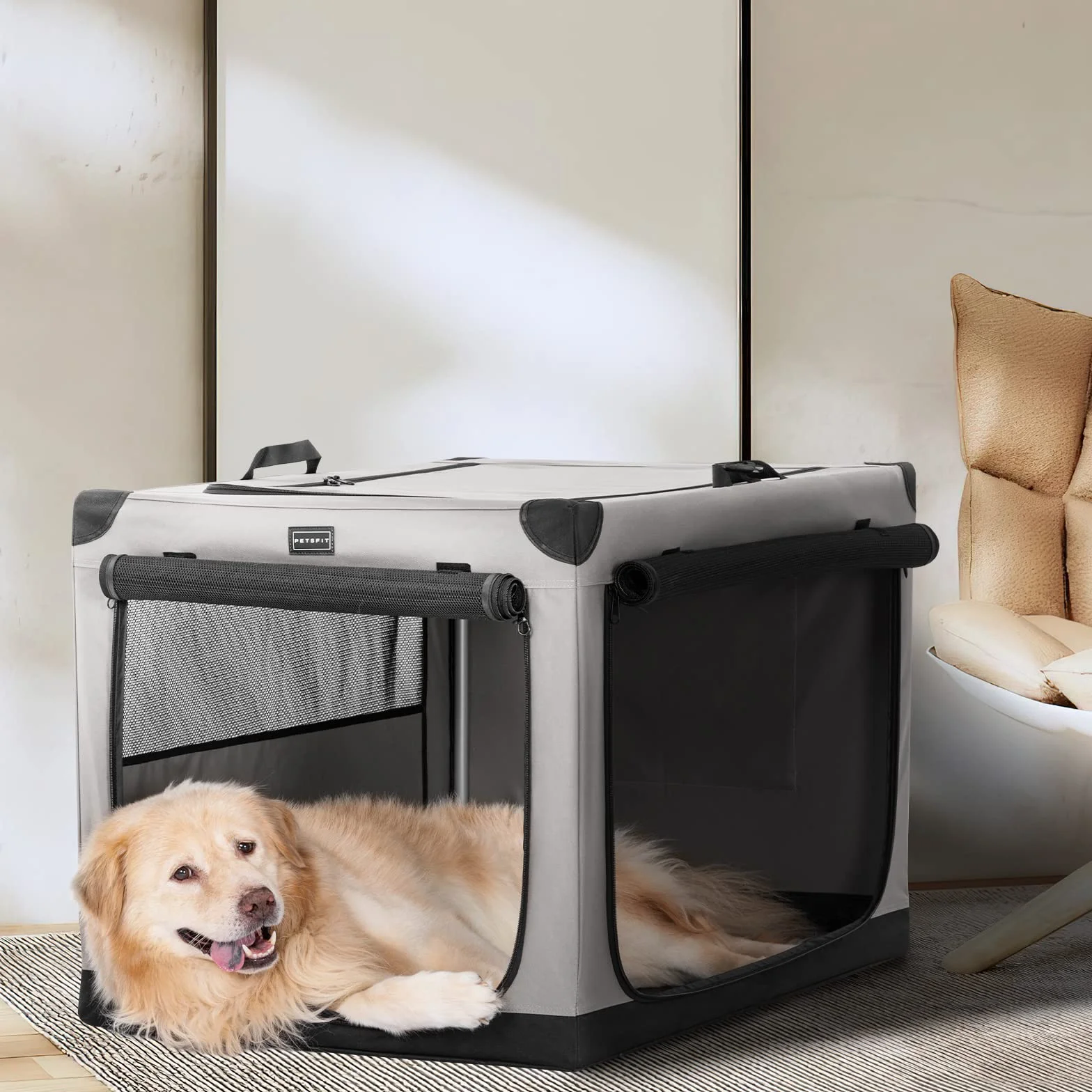 Petsfit Duża skrzynka podróżna dla psa, składana skrzynia samochodowa, nadająca się do prania, pokrowiec z tkaniny z kieszenią dla średnich i dużych psów, 91 cm, szara