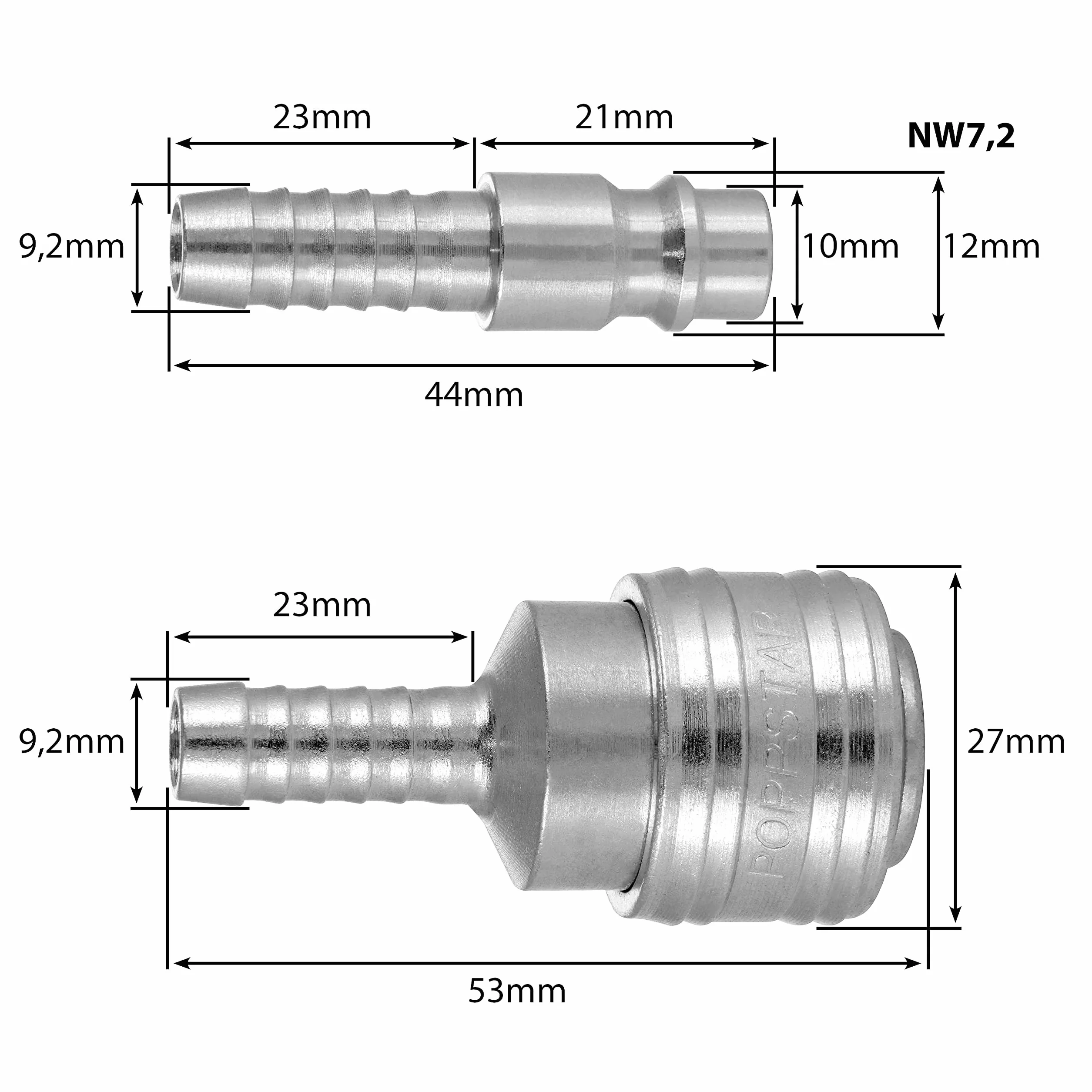 Poppstar wąż pneumatyczny 5m (hybrydowy: PVC wzmocniony tkaniną, średnica wew 9,2mm z szybkozłączką i wtyczką złącza) do 20 bar, niebieski