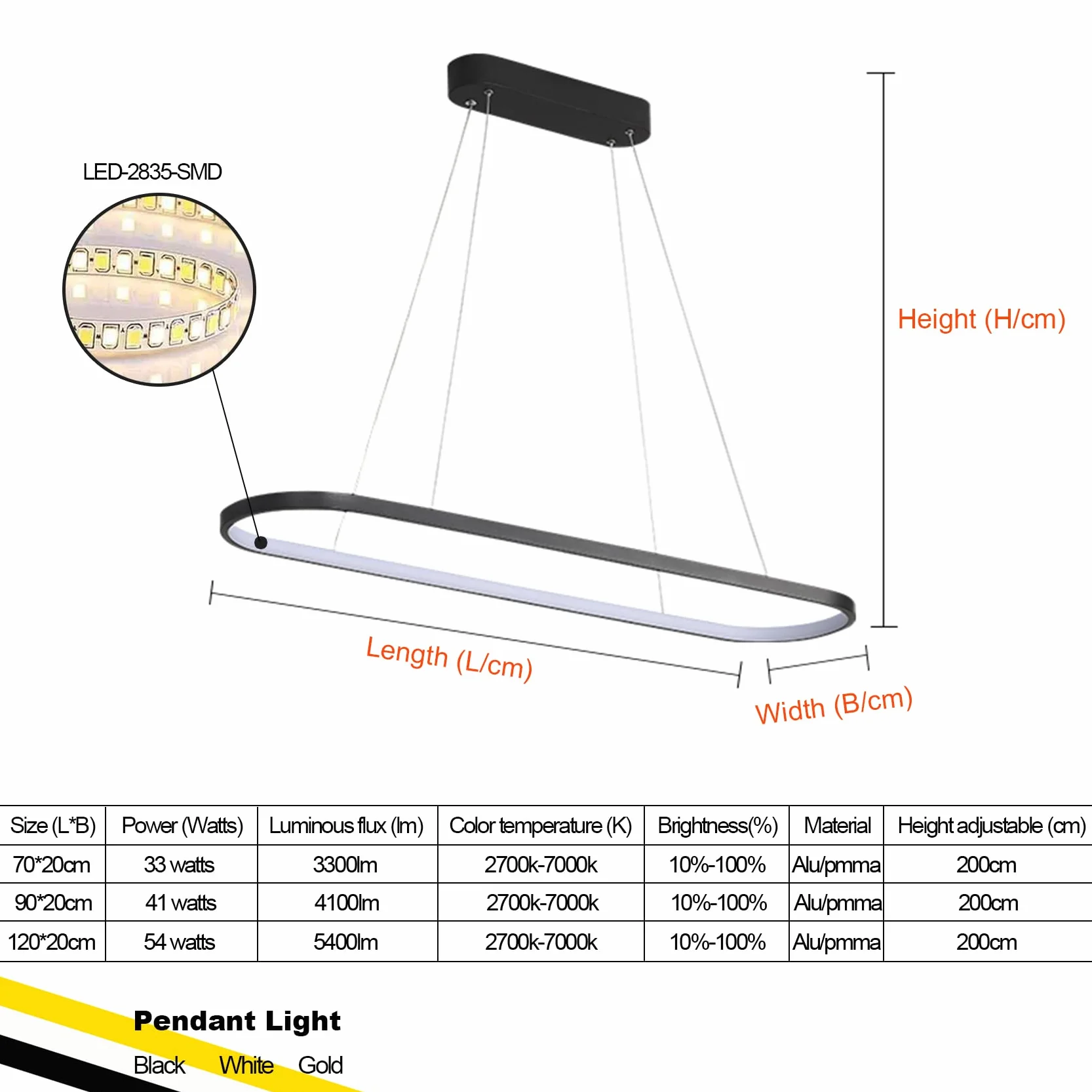 Lampa wisząca do jadalni Owalna lampa LED Ściemnialna lampa wisząca z pilotem, lampa stołowa do jadalni Wiszący żyrandol do kuchni Lampa wisząca do biura (Złoto, 120CM)