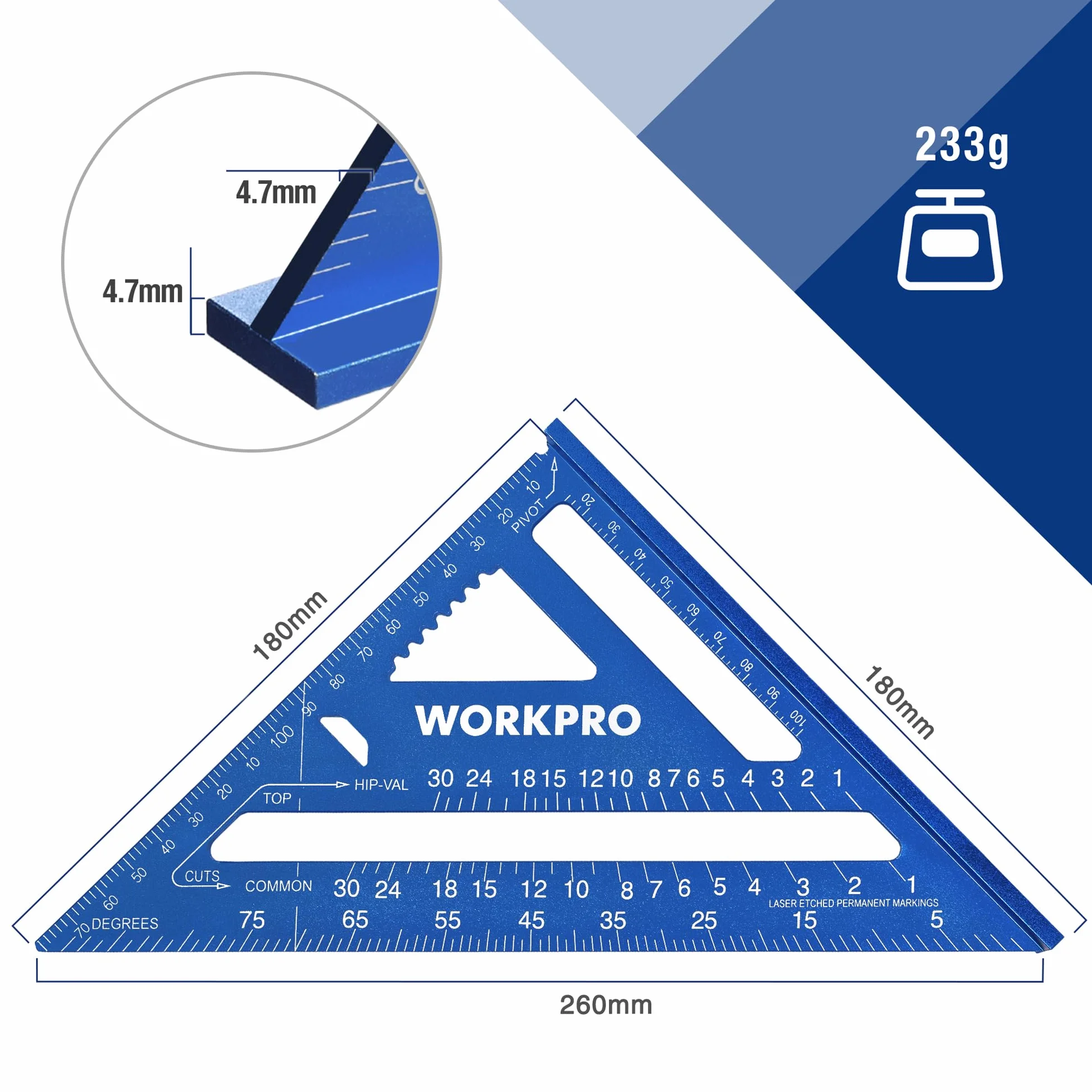 WORKPRO Kątomierz wielofunkcyjny 180mm Trójkątna linijka Kątomierz narożny Metryczny Stopa aluminiowa Precyzyjne narzędzie pomiarowe do układania dla stolarzy, inżynierów