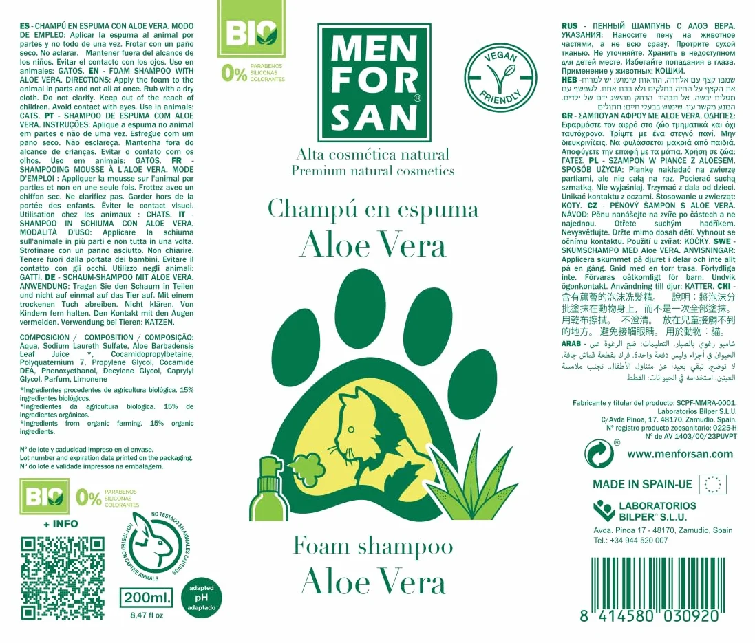 MENFORSAN Aloe Vera Szampon w piance dla kotów, 200ml
