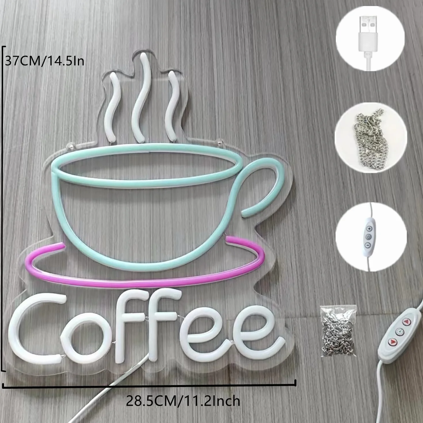 Neonowy znak LED na kubek do kawy, 5 V, zasilany przez USB, akrylowy neon z przełącznikiem ściemniania i łańcuszkiem do zawieszenia, do kawy, kawiarni, baru, na imprezę, do salonu, na prezent