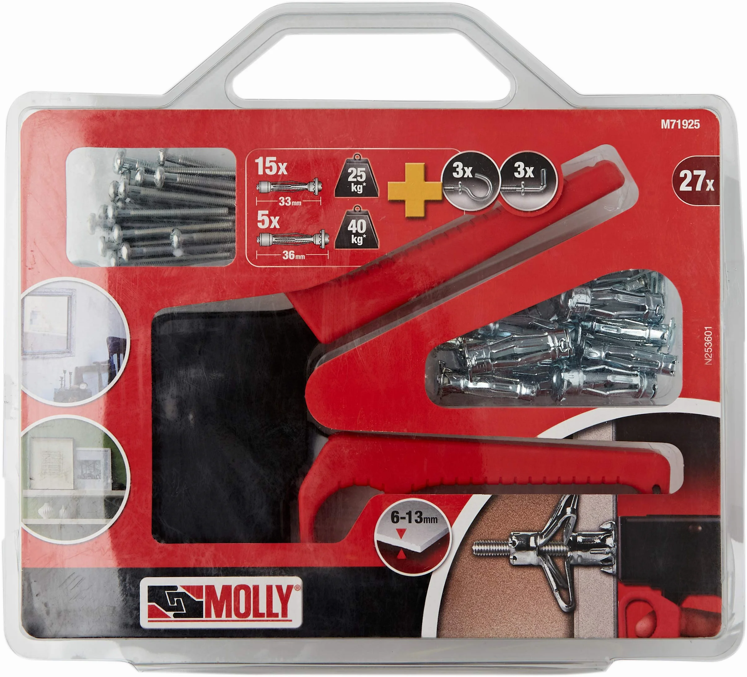 MOLLY Zestaw 20 kołków mocujących – 10 kołków rozporowych 4 x 33 mm i 10 kołków 5 x 36 mm + szczypce montażowe szare 27 sztuk M71925-XJ