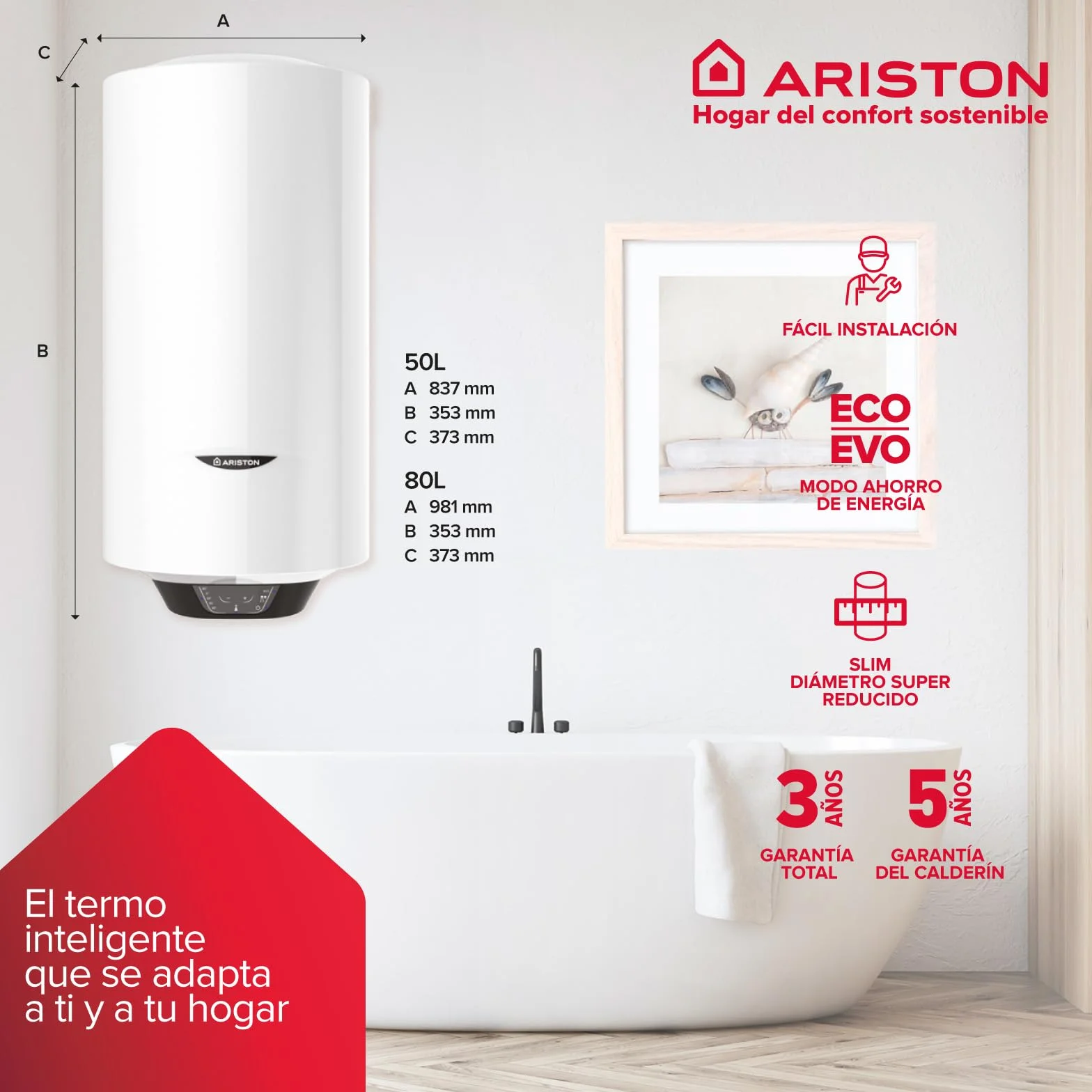 Ariston Pro1 Eco Slim - 65 litrów, niski pobór mocy, pionowy elektryczny podgrzewacz wody z funkcją ECO 37,3 x 35,3 x 98,1 cm - wyprodukowany do instalacji w Hiszpanii