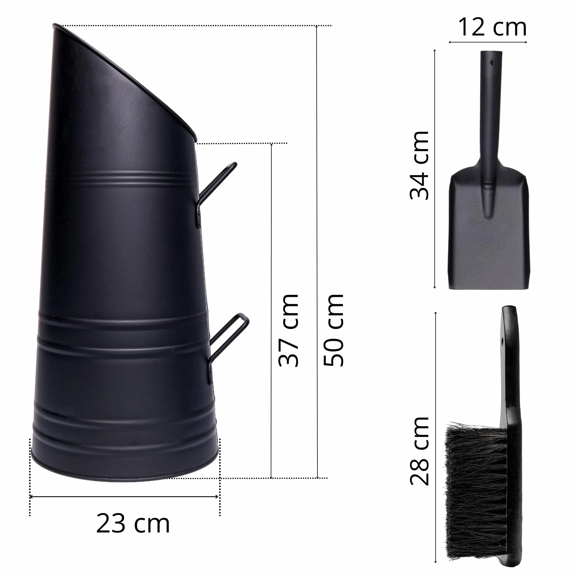 Kosz na popiół metalowy 50x23x23 cm z łopatą i miotłą do pieca kominkowego