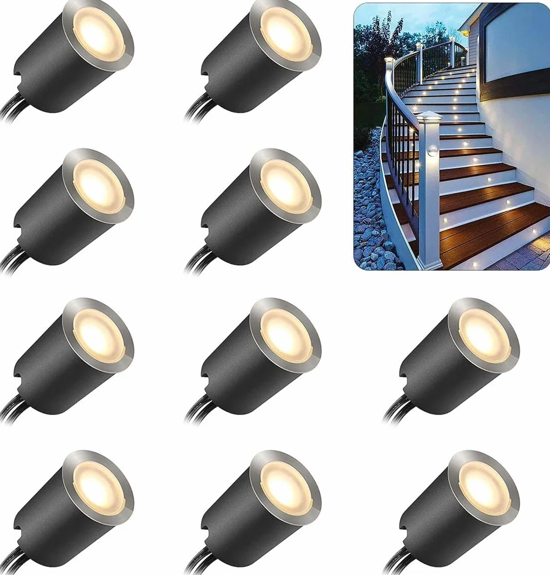 SMY Zestaw 10 sztuk wpuszczanych reflektorów LED, wodoszczelność IP67, Ø 32 mm, zewnętrzne reflektory wpuszczane na taras, drewno, basen, ogród, drewniane schody (z wtyczką UE) (10 diod LED, ciepła