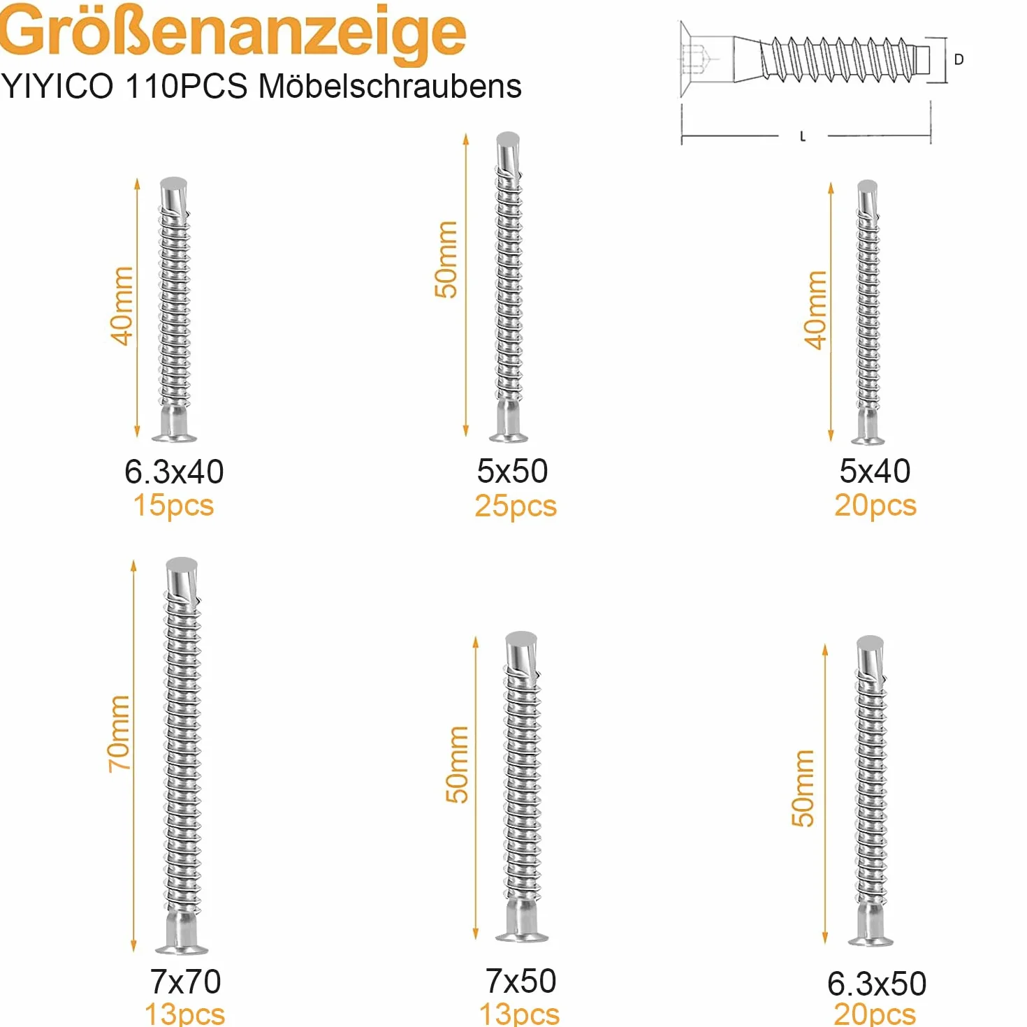 Confirmat śruby do mebli, łączniki meblowe, 106 szt., 5 x 40, 5 x 50, 6,3 x 40, 6,3 x 50, 7 x 50, 7 x 70, śruby łączące do mebli