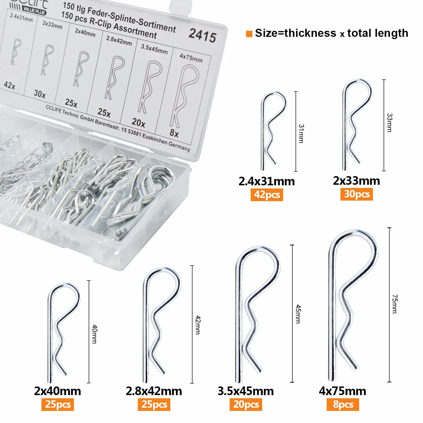 CCLIFE 150 szt Zestaw zawleczek sprężystych 2 - 4mm ze stali nierdzewnej rozdzielony kształt R klipsy klamry zabezpieczające